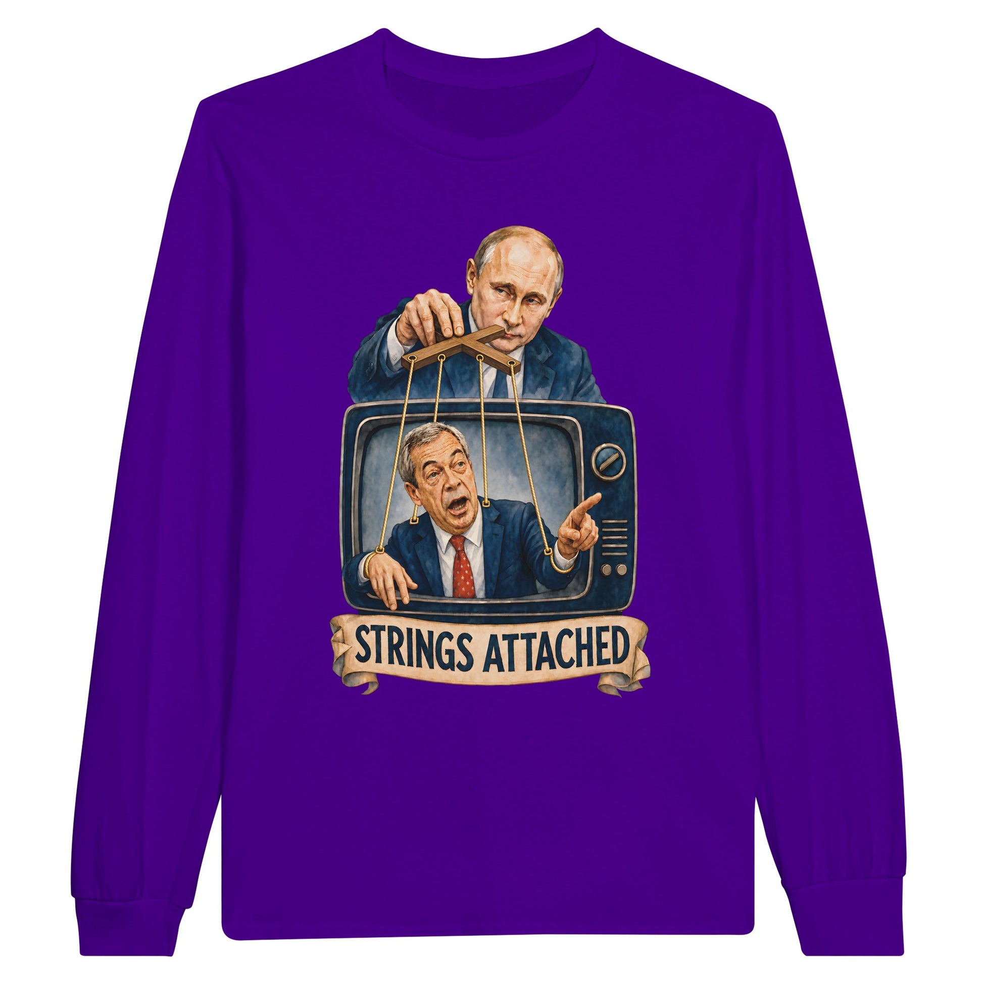 Strings Attached Political Satire Long-Sleeve T-shirt — product view 13