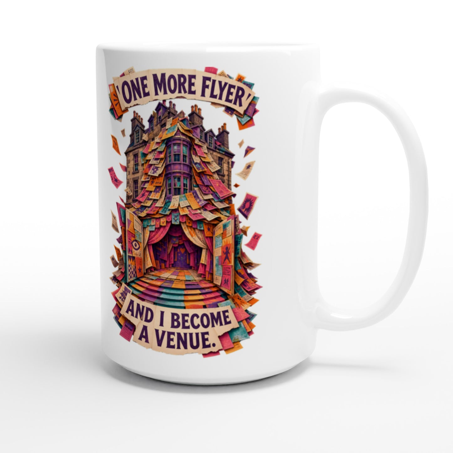 One More Flyer and I Become a Venue Large Mug — product view 3