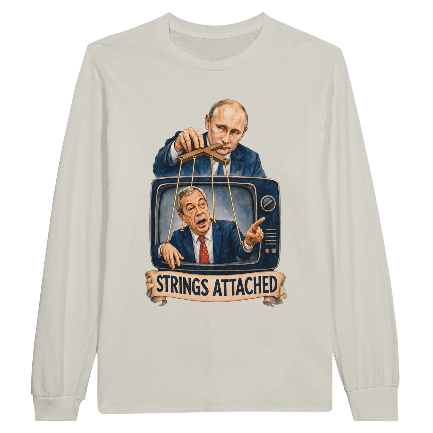 Strings Attached Political Satire Long-Sleeve T-shirt — product view 14