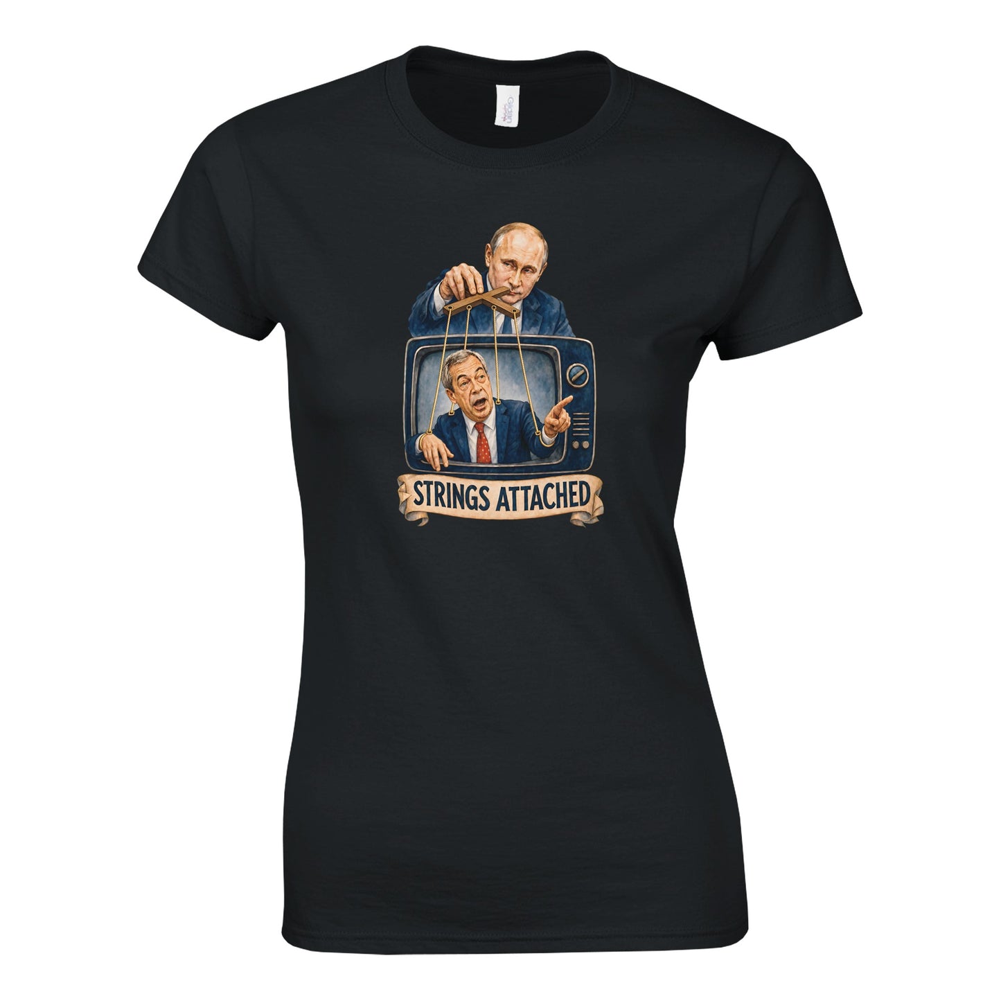 Strings Attached Political Satire Women's T-shirt — product view 6