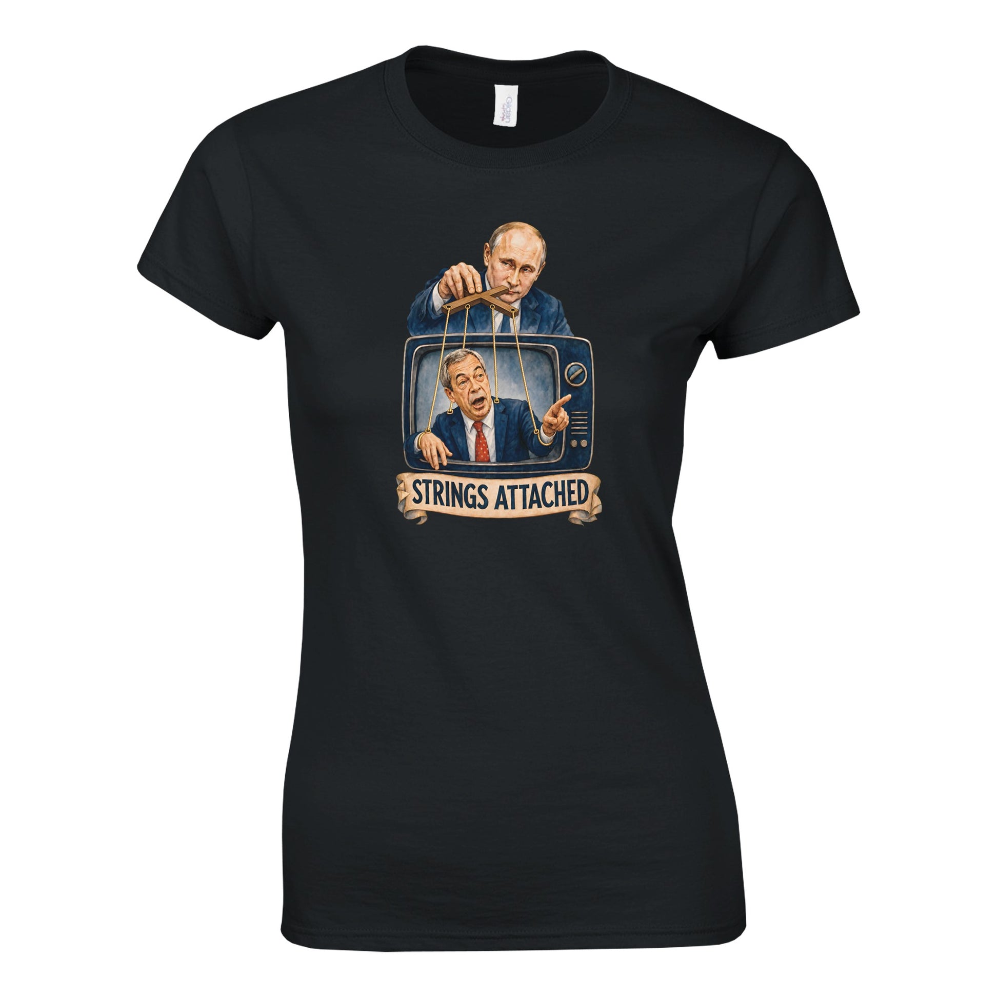 Strings Attached Political Satire Women's T-shirt — product view 6