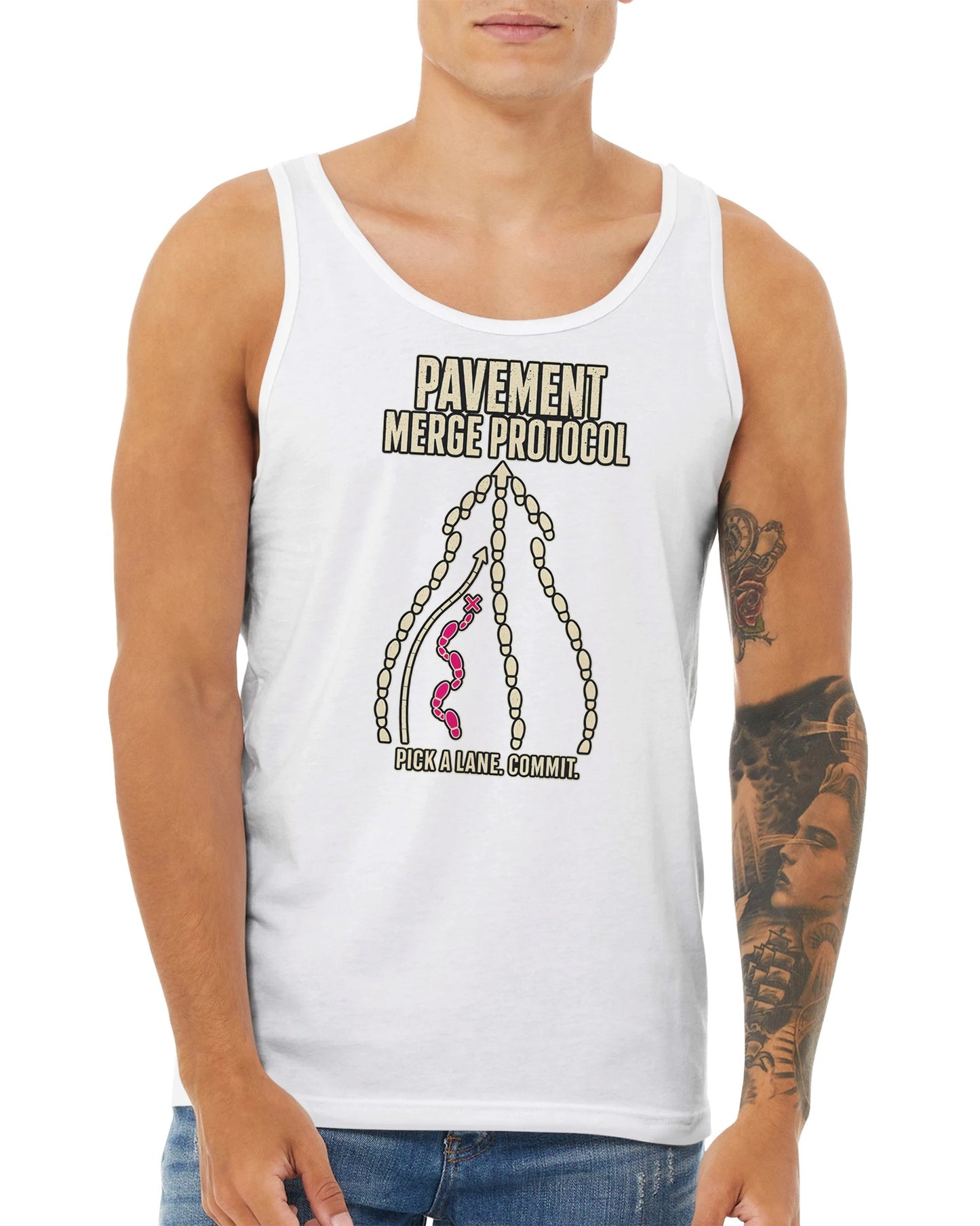 Pavement Merge Protocol — Pick a Lane Premium Unisex Tank Top — product view 15