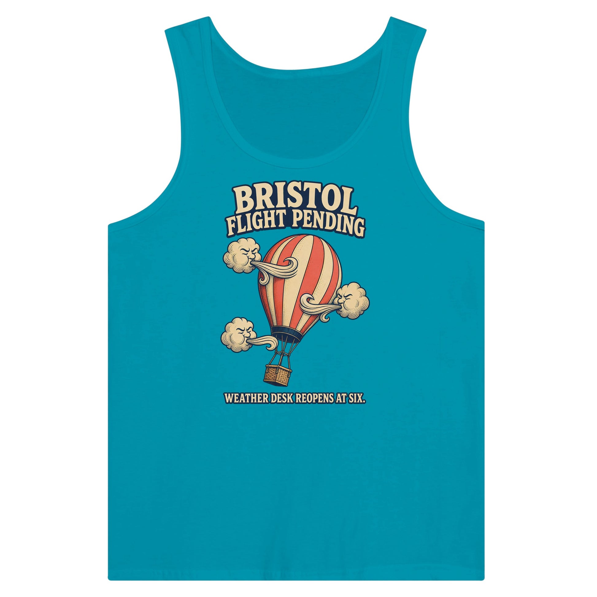 Bristol Flight Pending – Weather Desk Premium Unisex Tank Top — product view 2