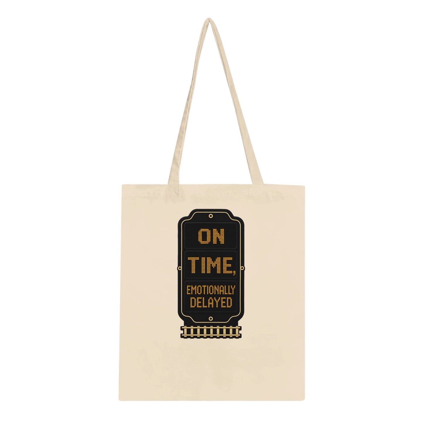 On Time, Emotionally Delayed Rail Graphic Tote Bag — product view 1