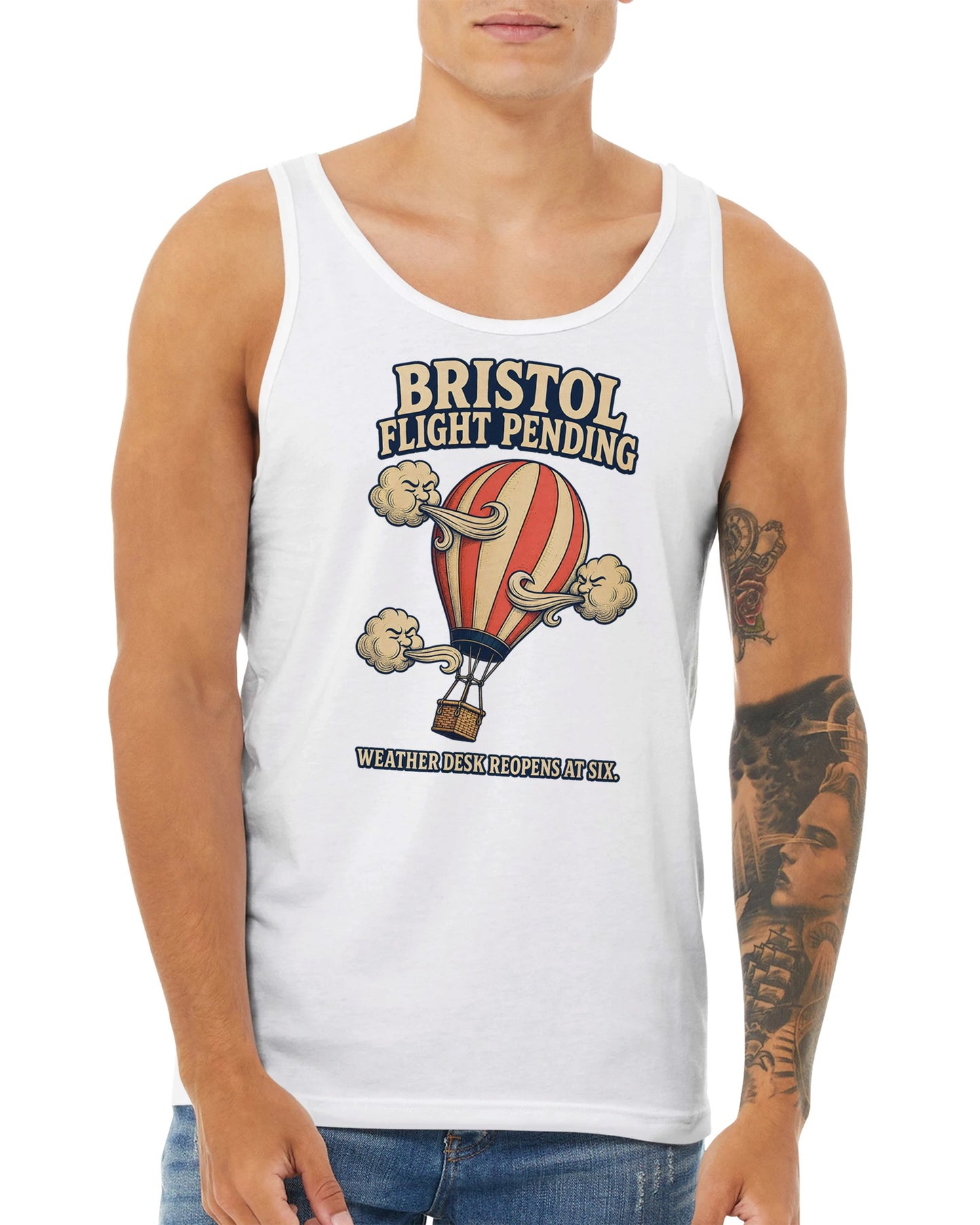 Bristol Flight Pending – Weather Desk Premium Unisex Tank Top — product view 15