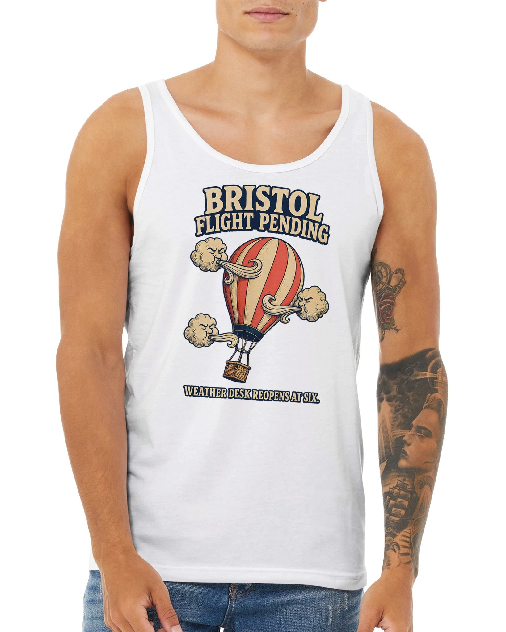 Bristol Flight Pending – Weather Desk Premium Unisex Tank Top — product view 15