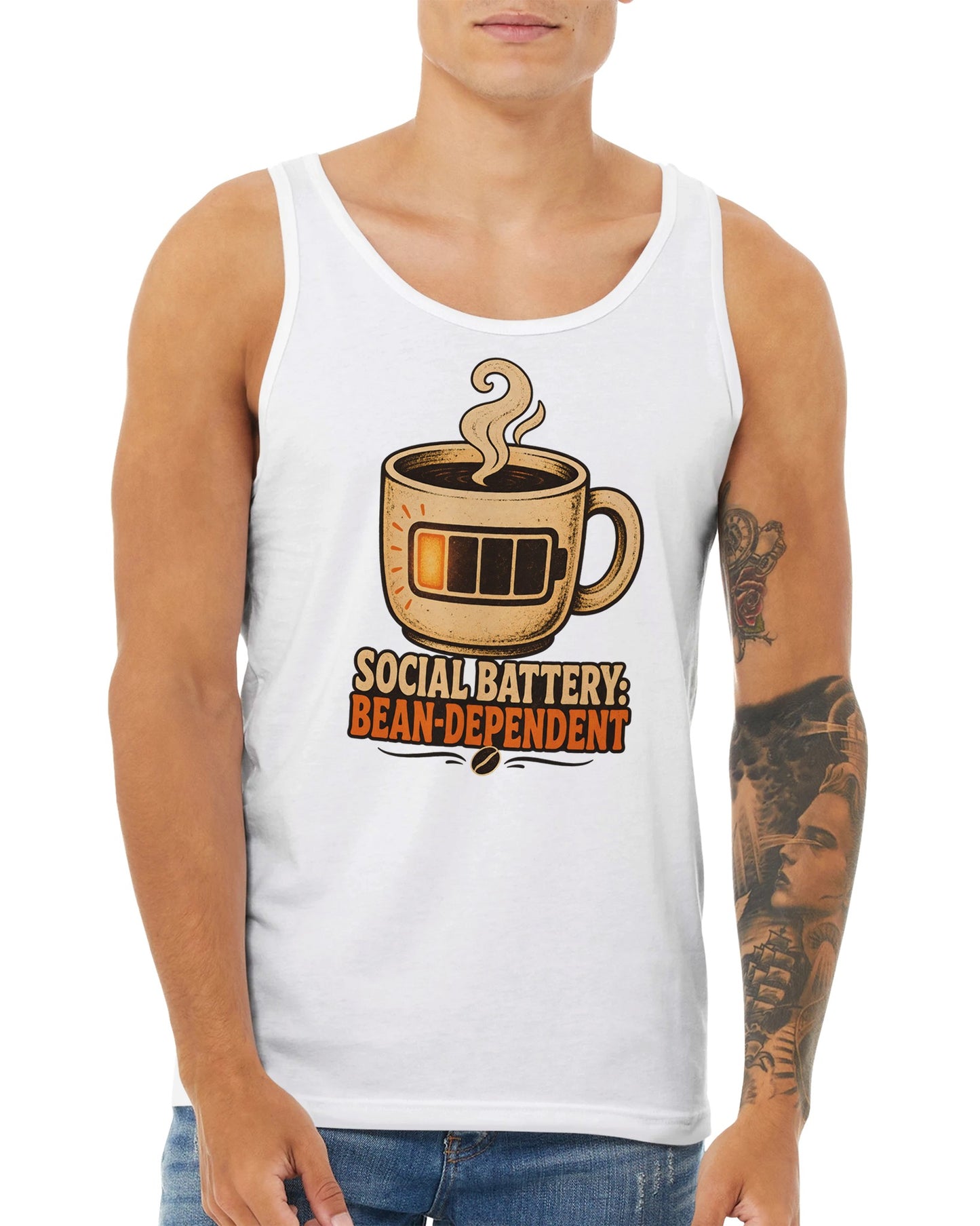 Social Battery: Bean-Dependent Graphic Premium Unisex Tank Top — product view 15