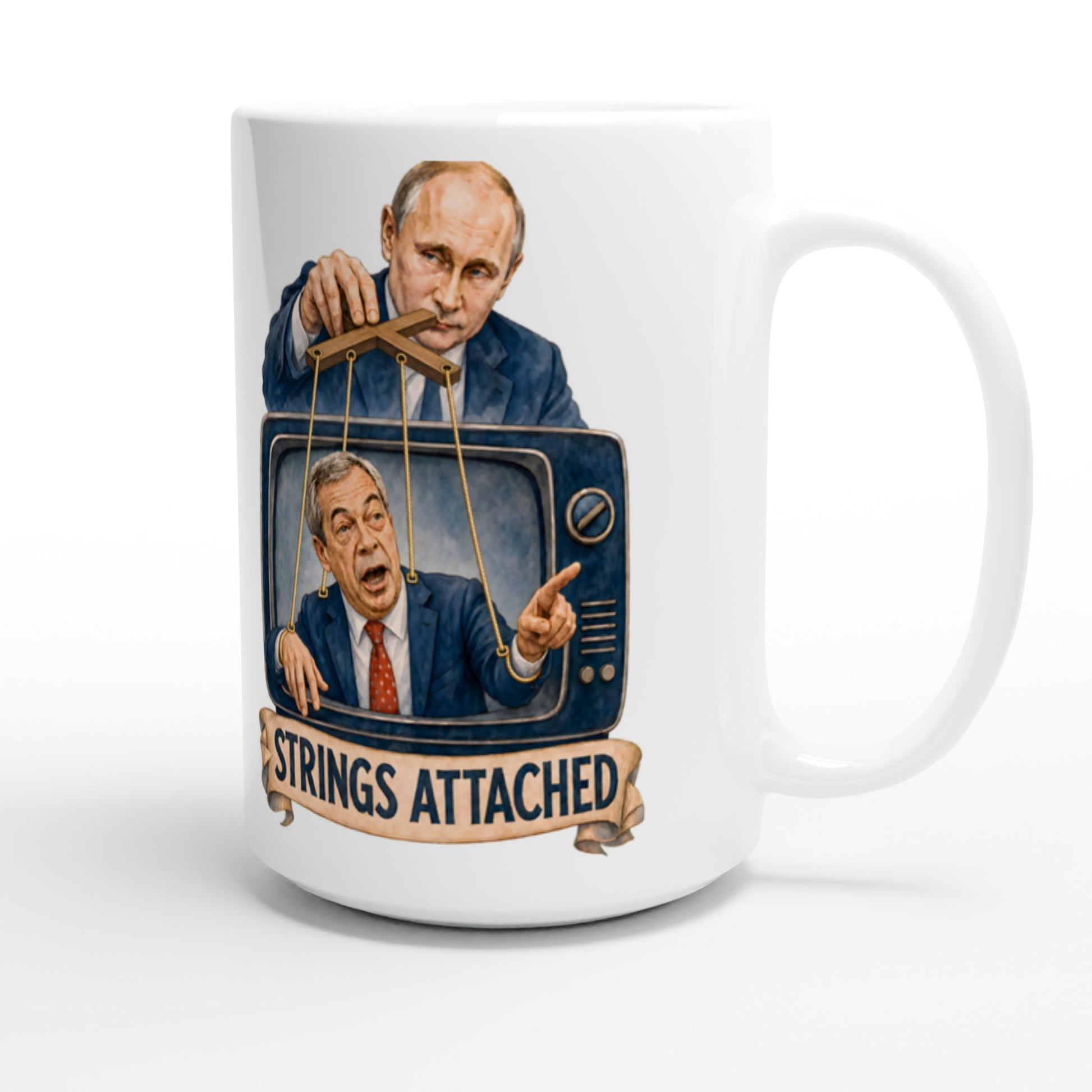Strings Attached Political Satire Large Mug — product view 3