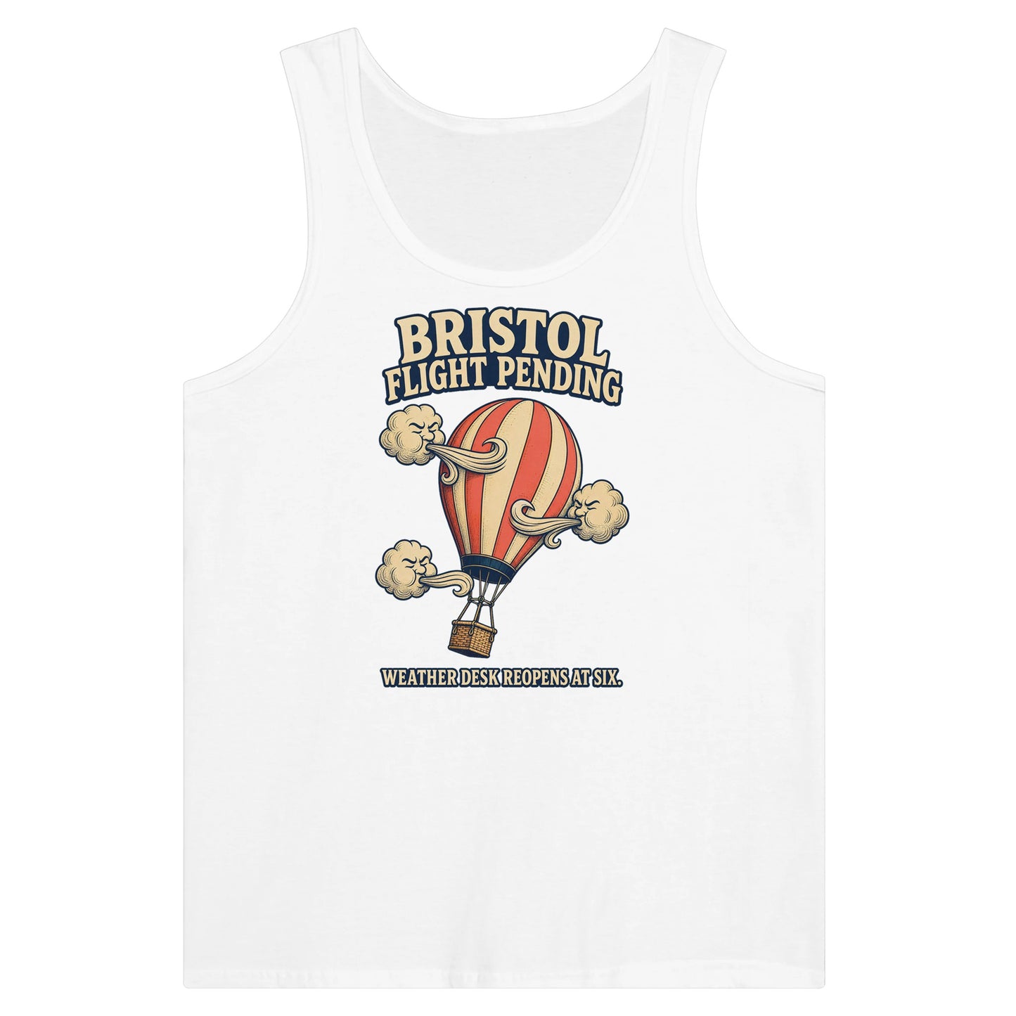 Bristol Flight Pending – Weather Desk Premium Unisex Tank Top — product view 1