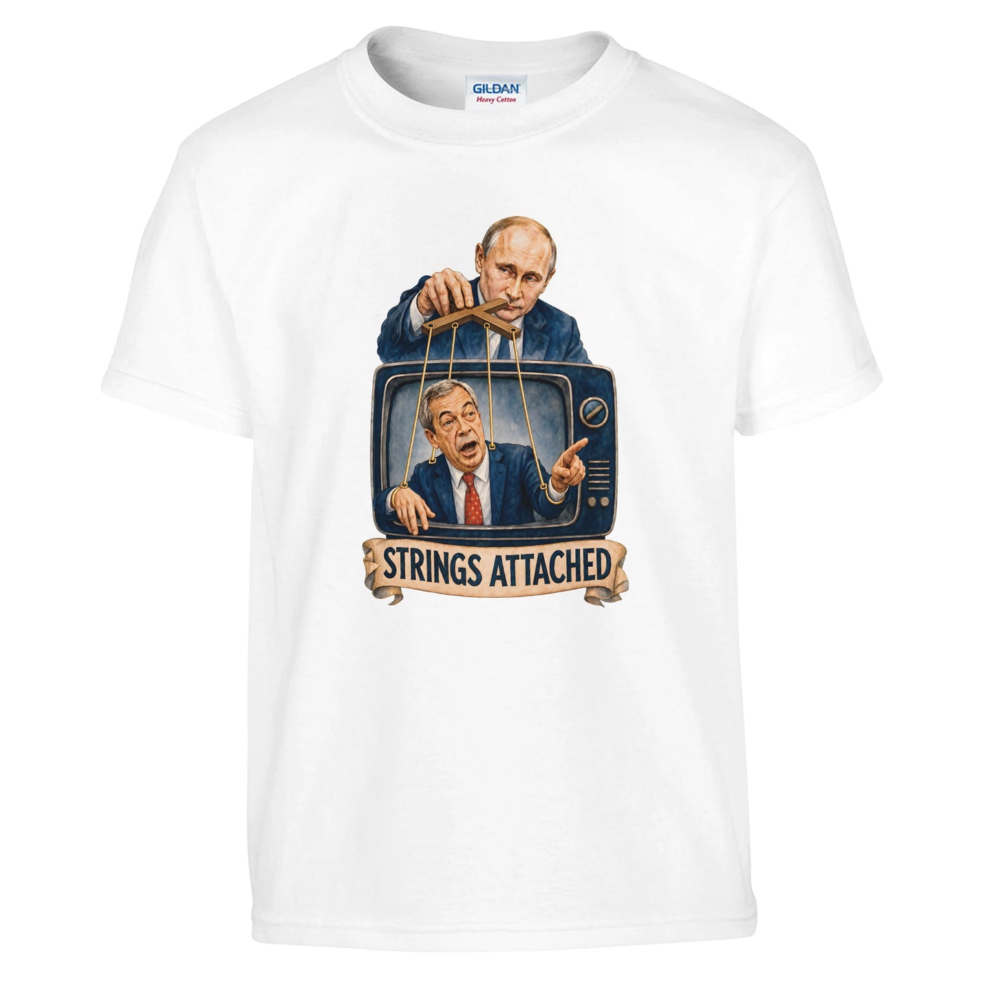 Strings Attached Political Satire Kids' T-shirt — product view 1
