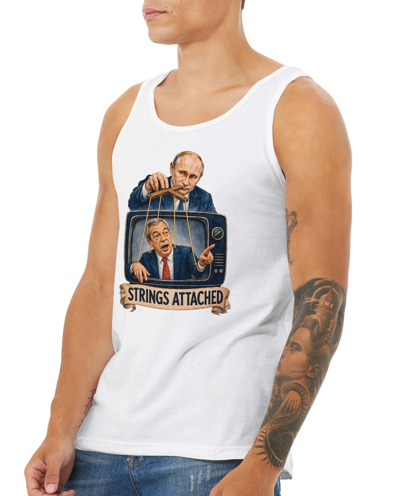 Strings Attached Political Satire Premium Unisex Tank Top — product view 16