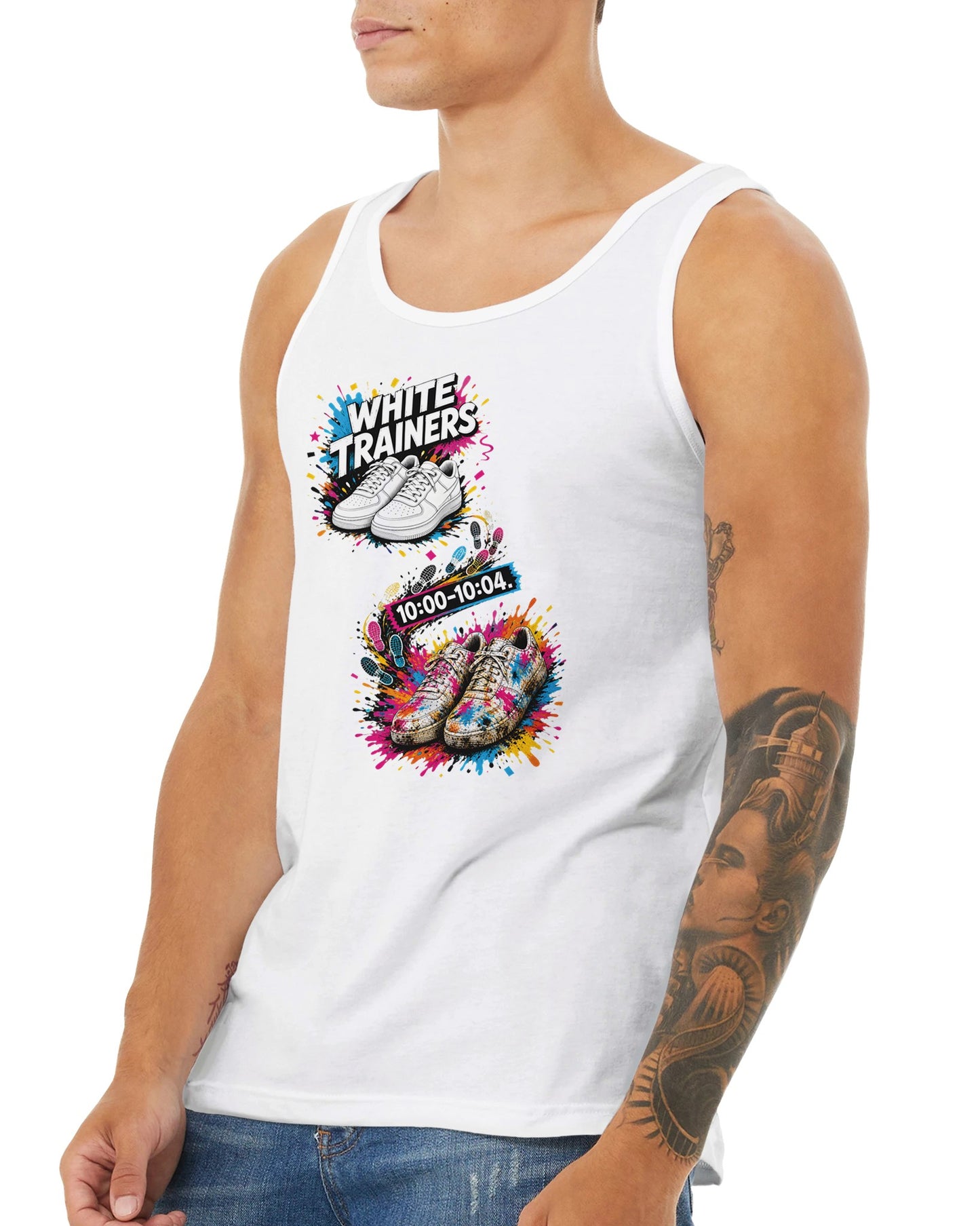 White Trainers: 10:00–10:04 Premium Unisex Tank Top — product view 16