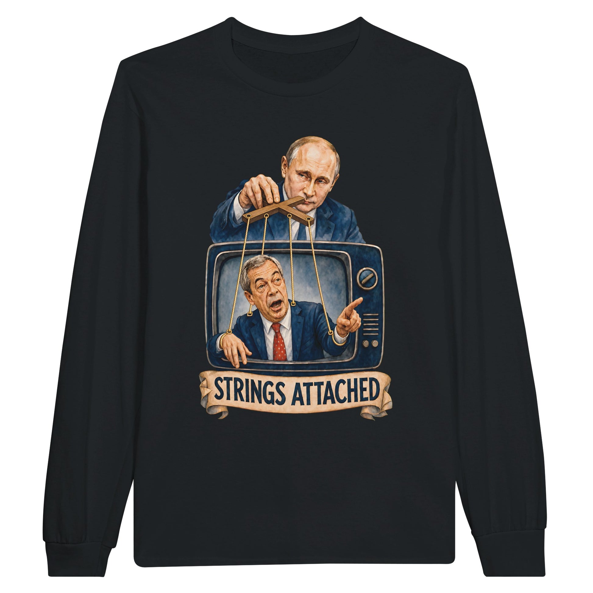 Strings Attached Political Satire Long-Sleeve T-shirt — product view 7