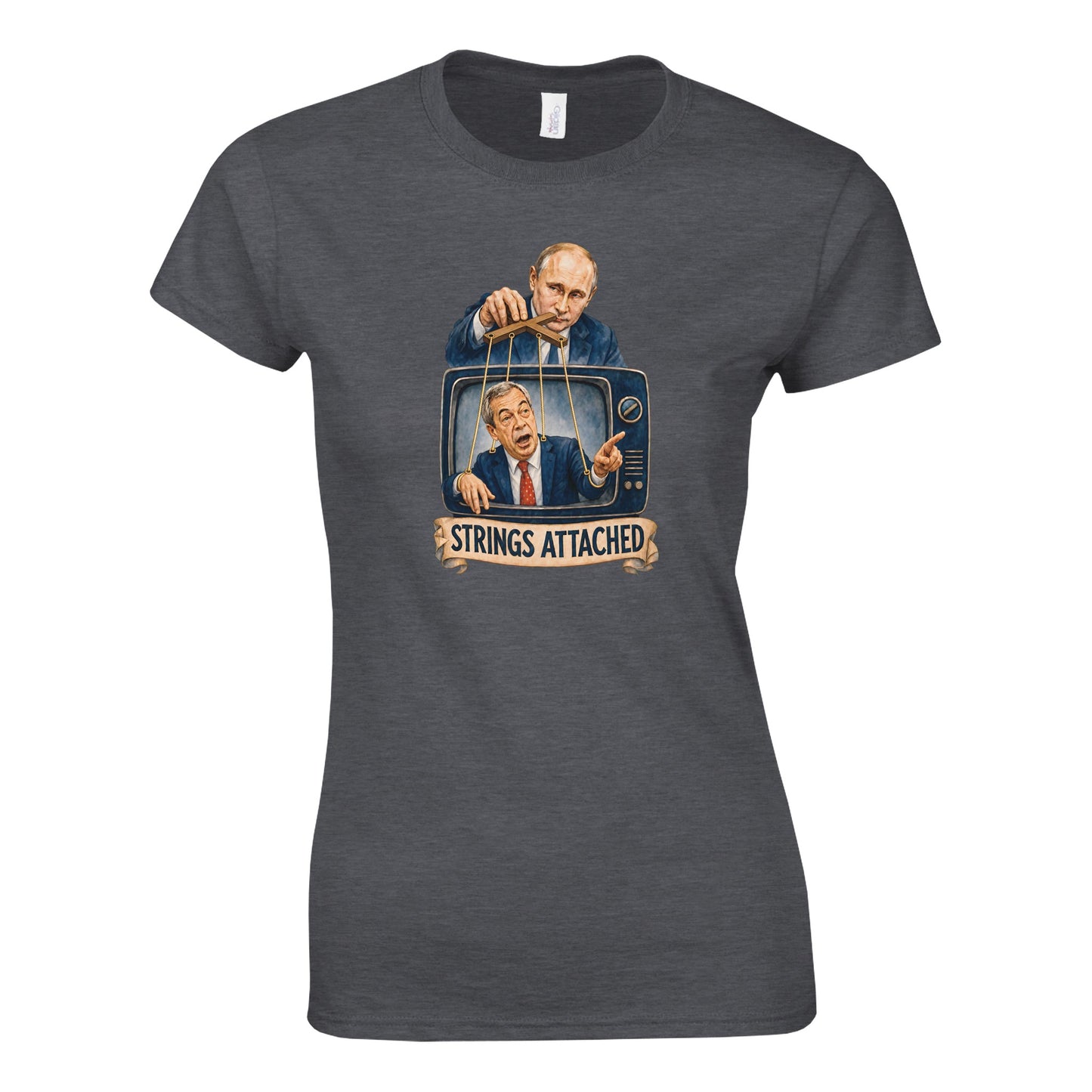 Strings Attached Political Satire Women's T-shirt — product view 11