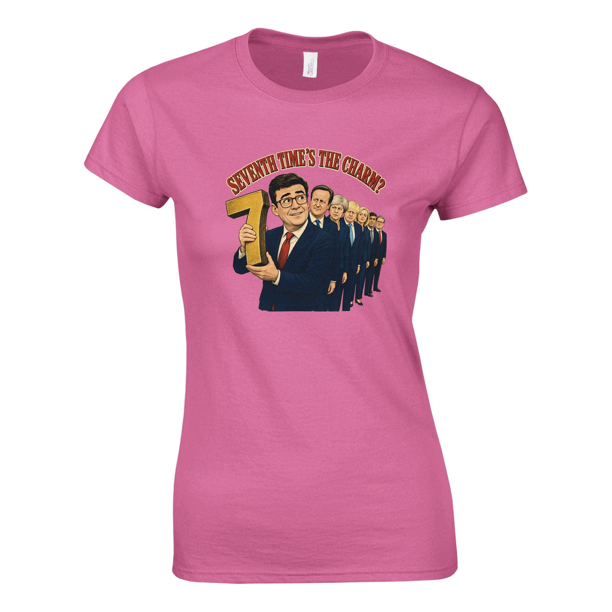 Seventh Time’s the Charm? UK Prime Minister Caricature Women's T-shirt — product view 3