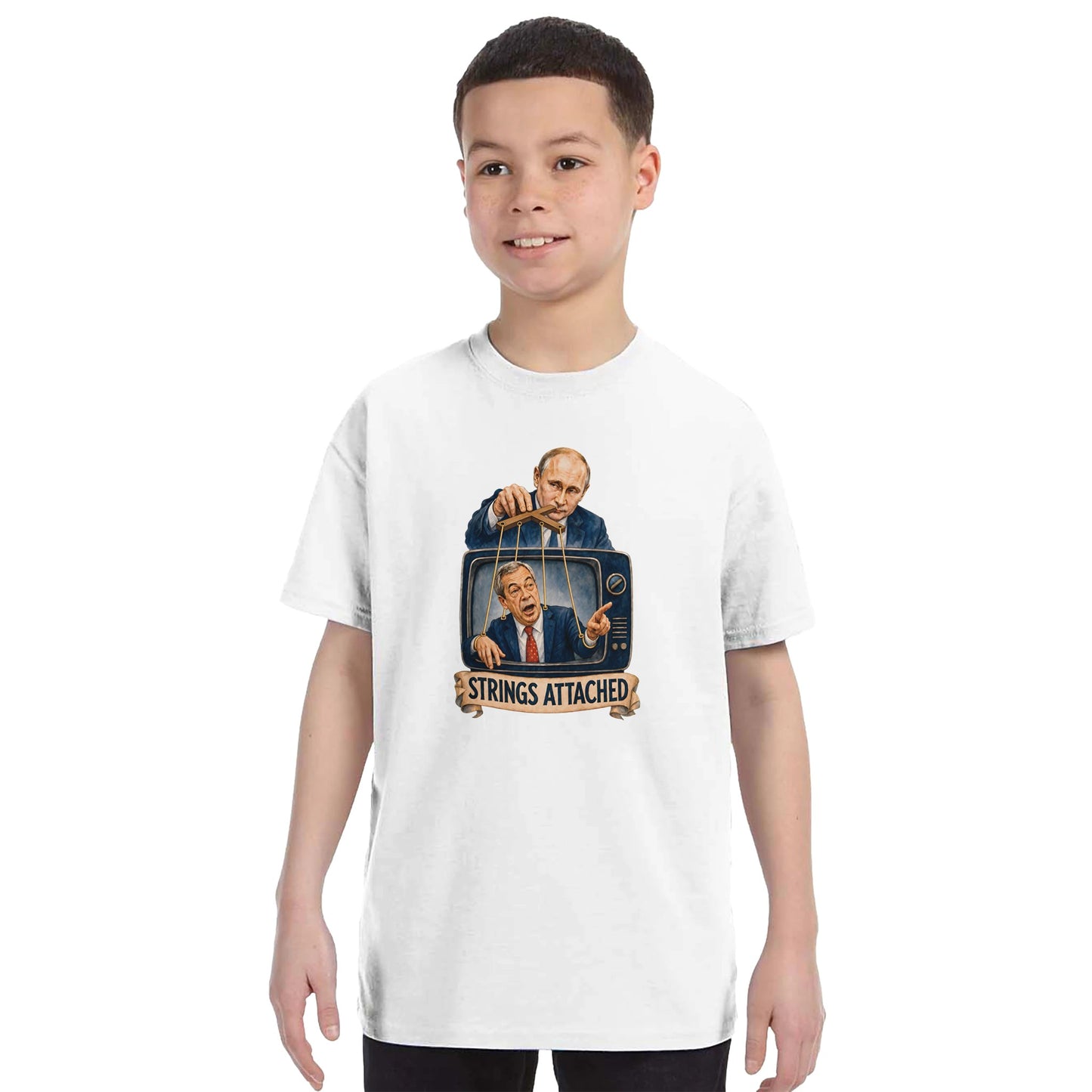 Strings Attached Political Satire Kids' T-shirt — product view 16