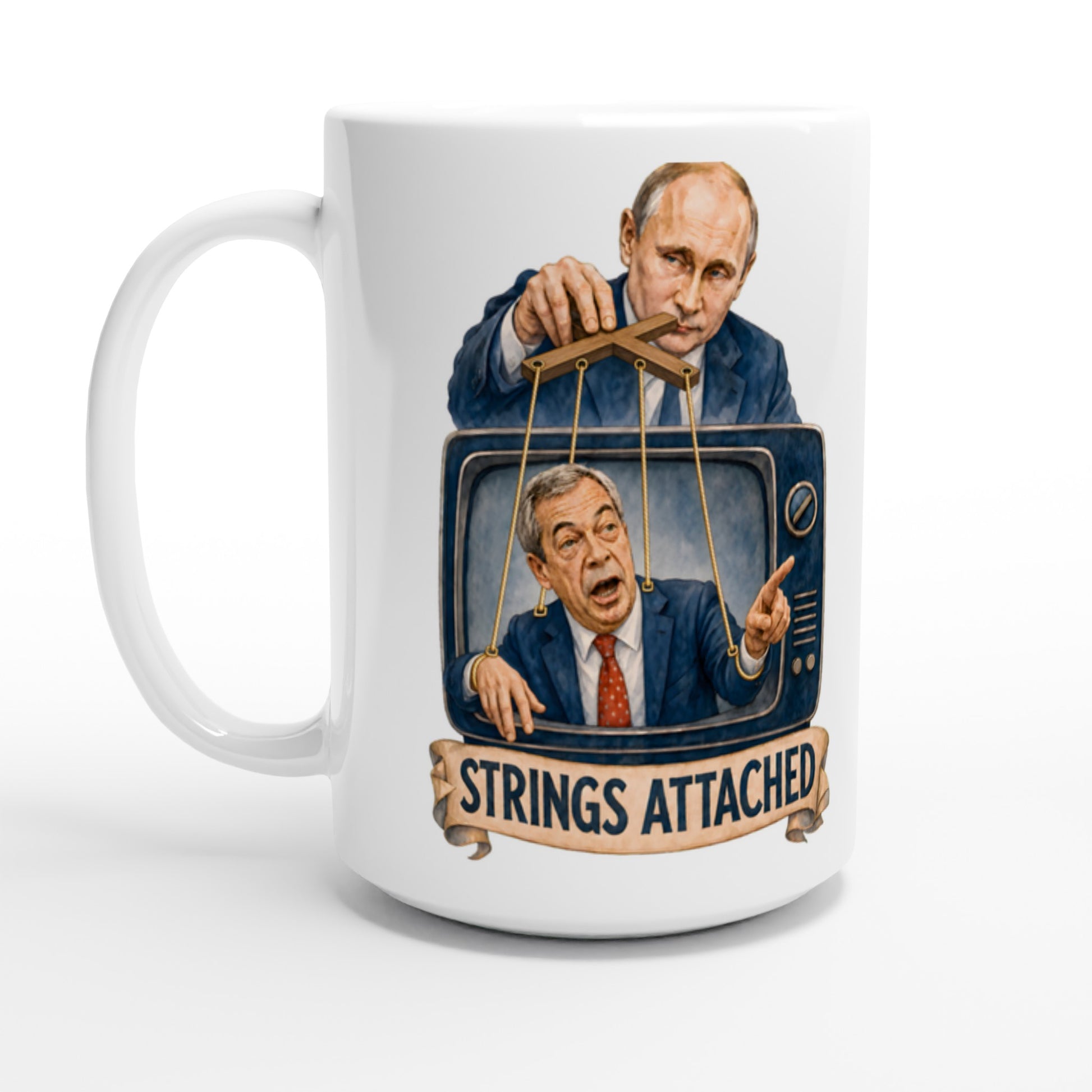 Strings Attached Political Satire Large Mug — product view 1
