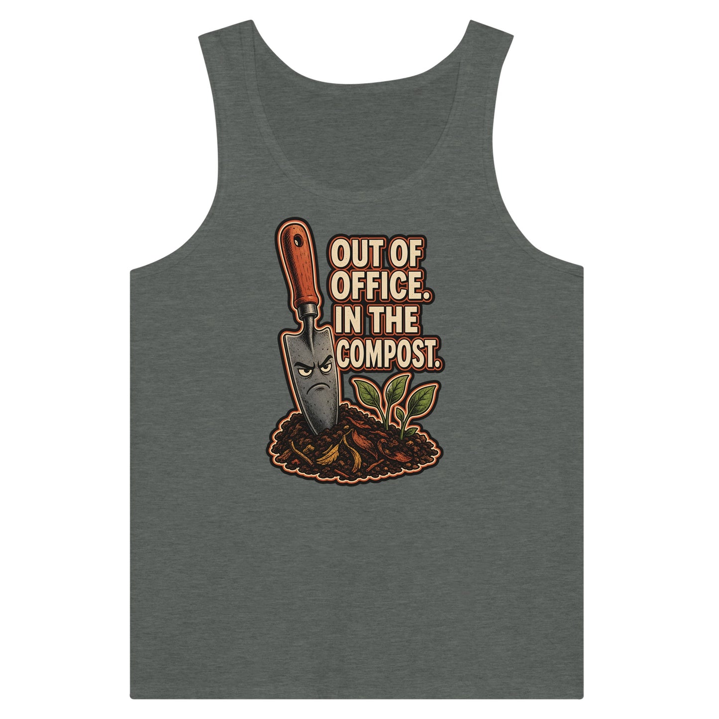 Out of Office, In the Compost Premium Unisex Tank Top — product view 4
