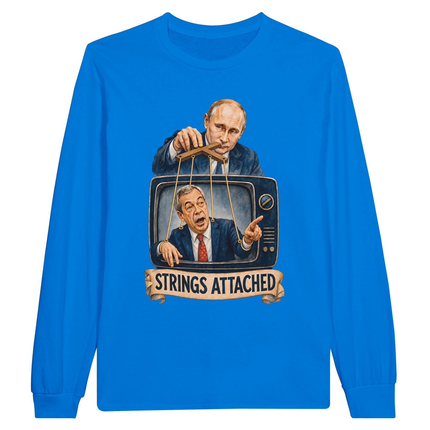 Strings Attached Political Satire Long-Sleeve T-shirt — product view 3