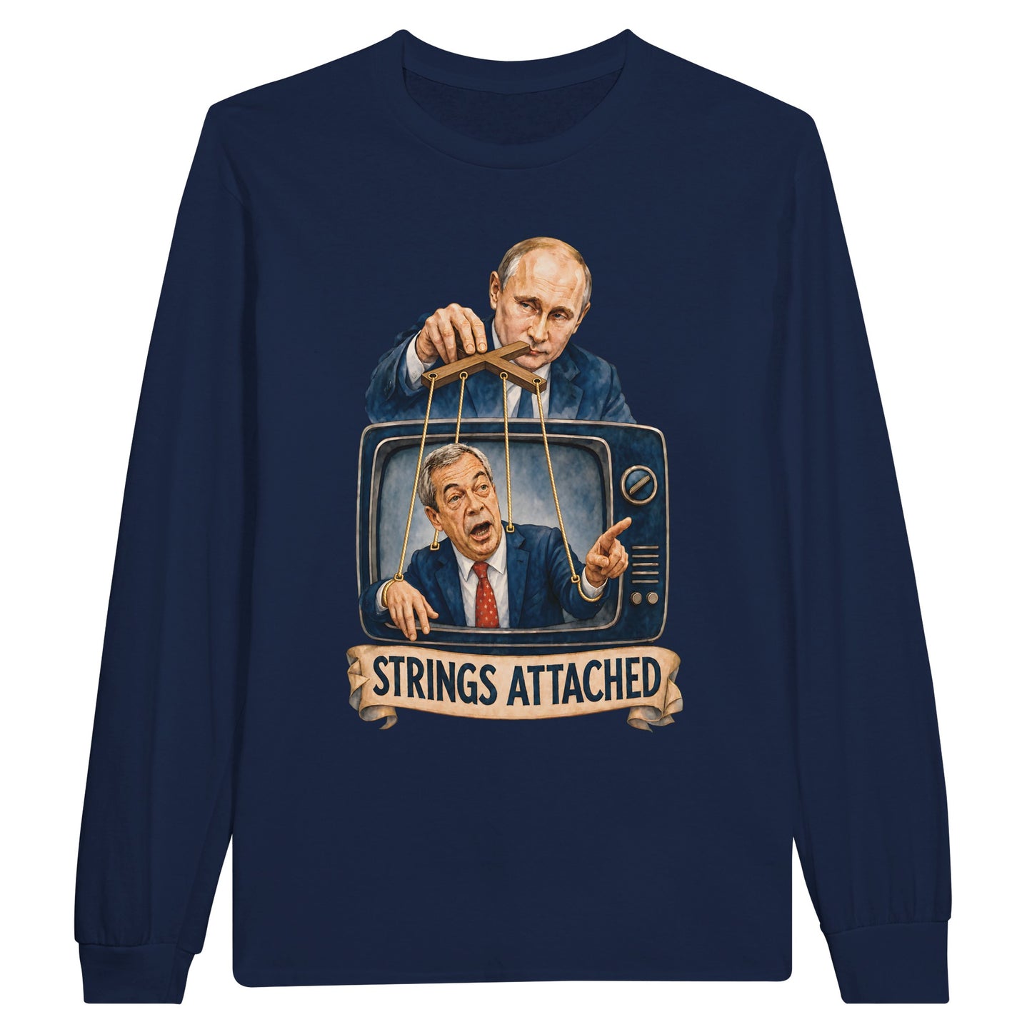 Strings Attached Political Satire Long-Sleeve T-shirt — product view 11