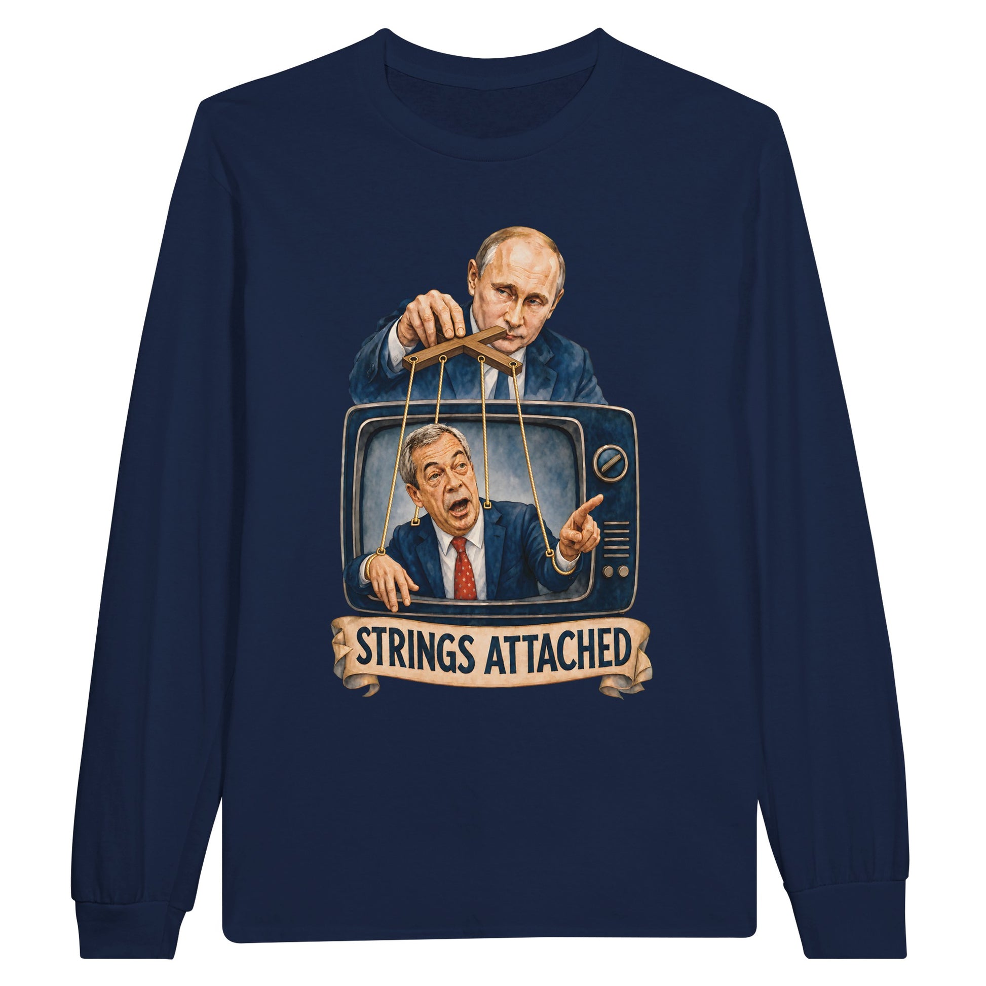 Strings Attached Political Satire Long-Sleeve T-shirt — product view 11
