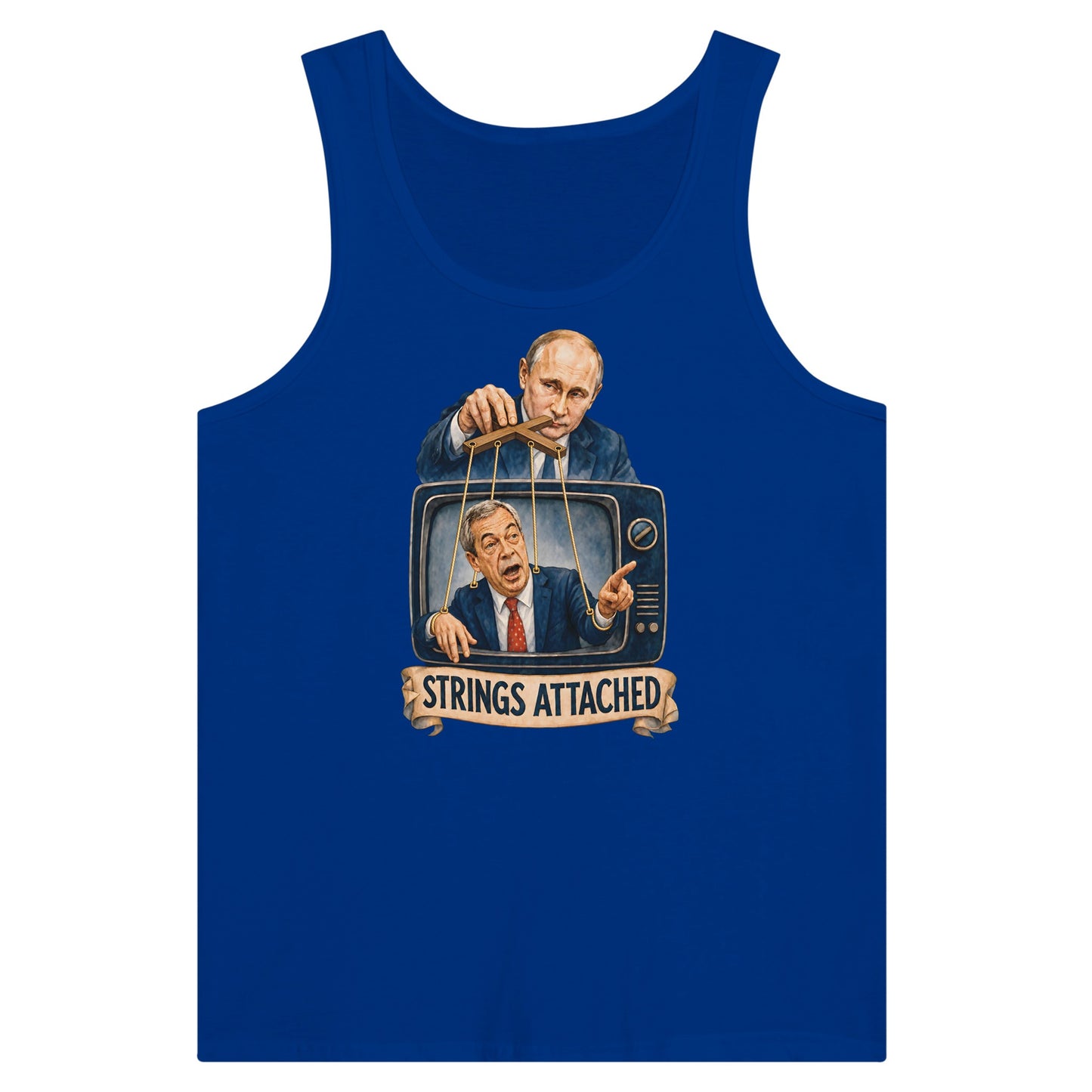 Strings Attached Political Satire Premium Unisex Tank Top — product view 3
