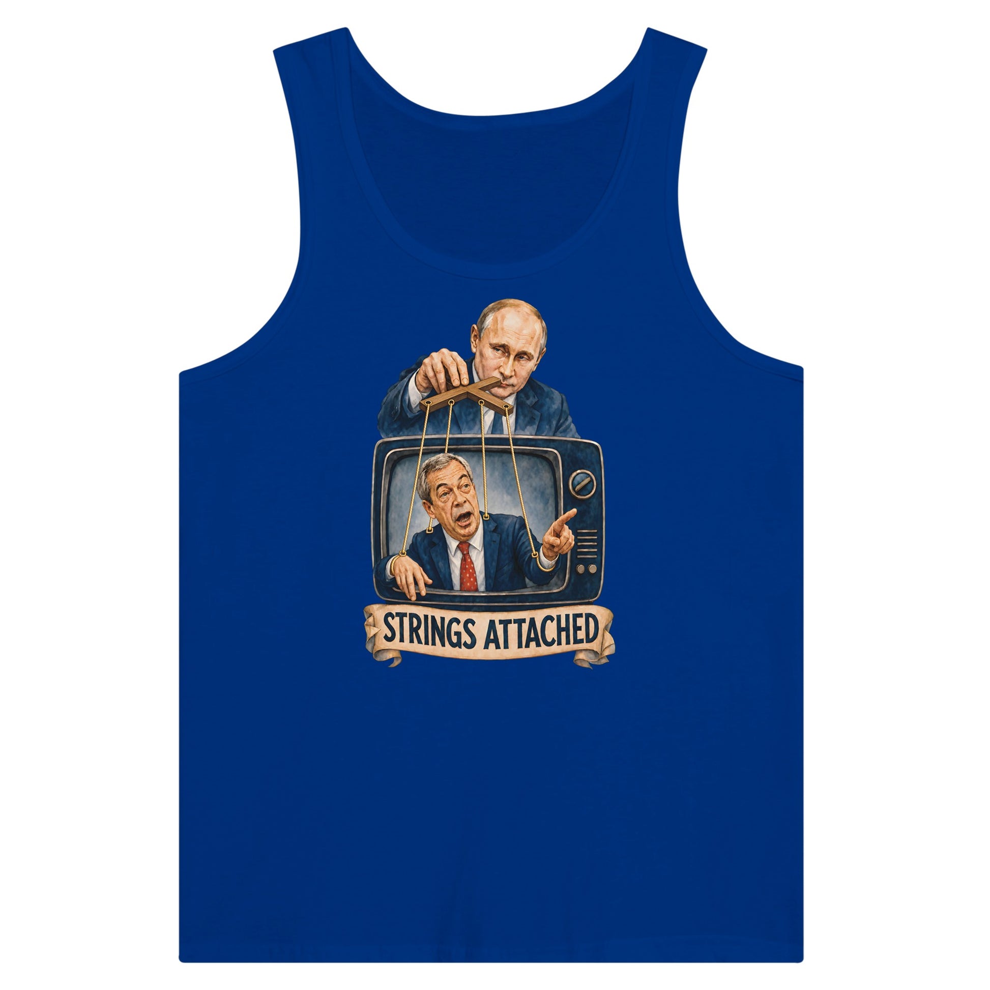 Strings Attached Political Satire Premium Unisex Tank Top — product view 3