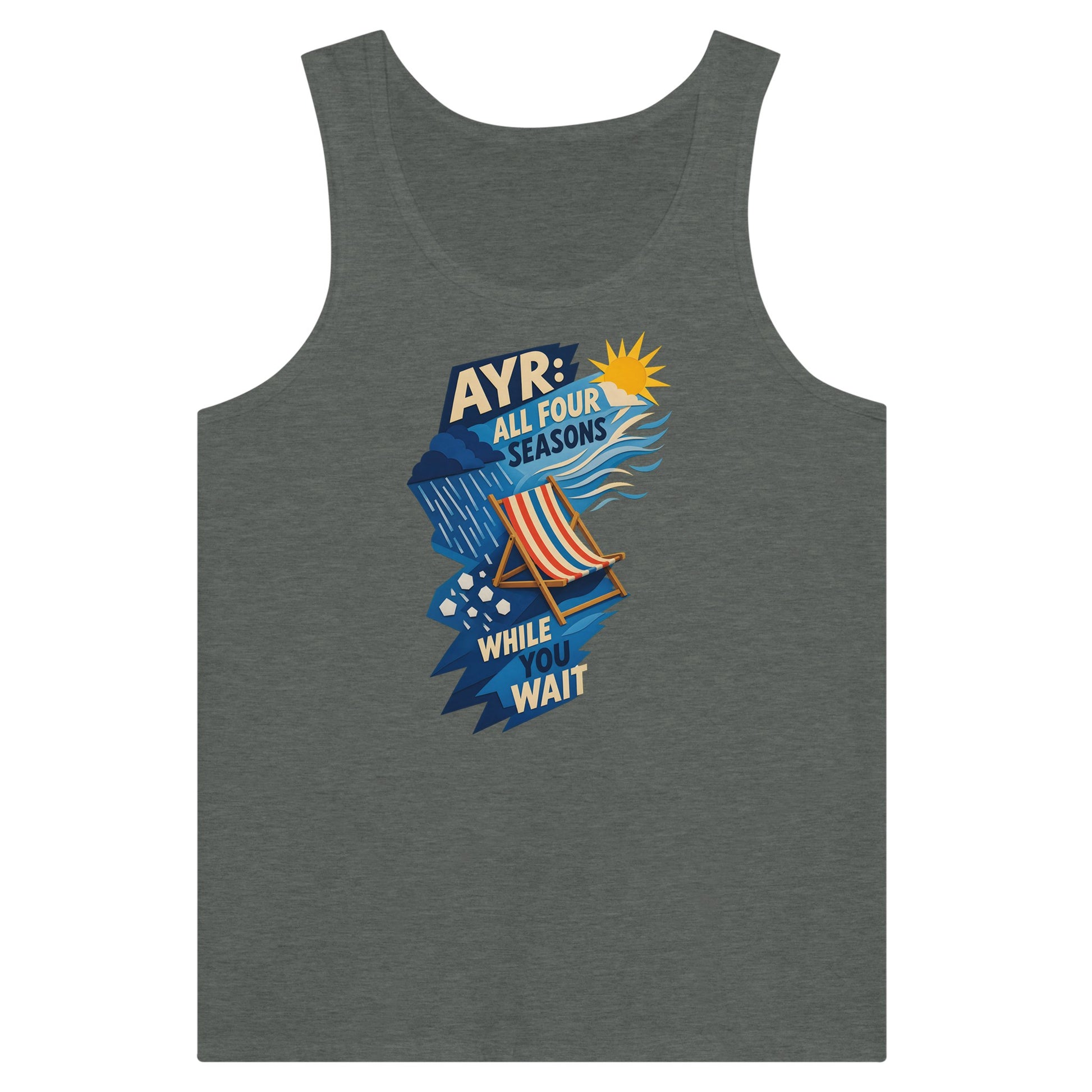 Ayr: All Four Seasons While You Wait Premium Unisex Tank Top — product view 4