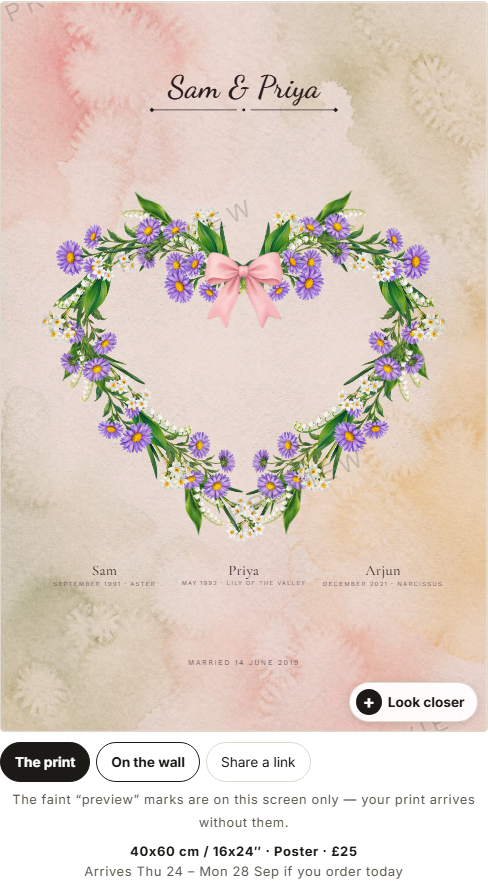 A finished birth flower print arranged as a heart of flowers for a couple.