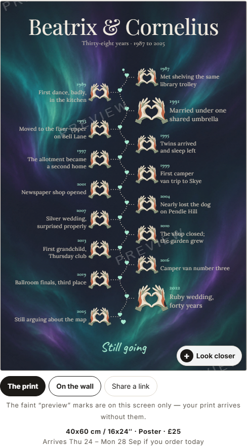 A finished timeline print carrying sixteen moments with two defining moments printed larger.