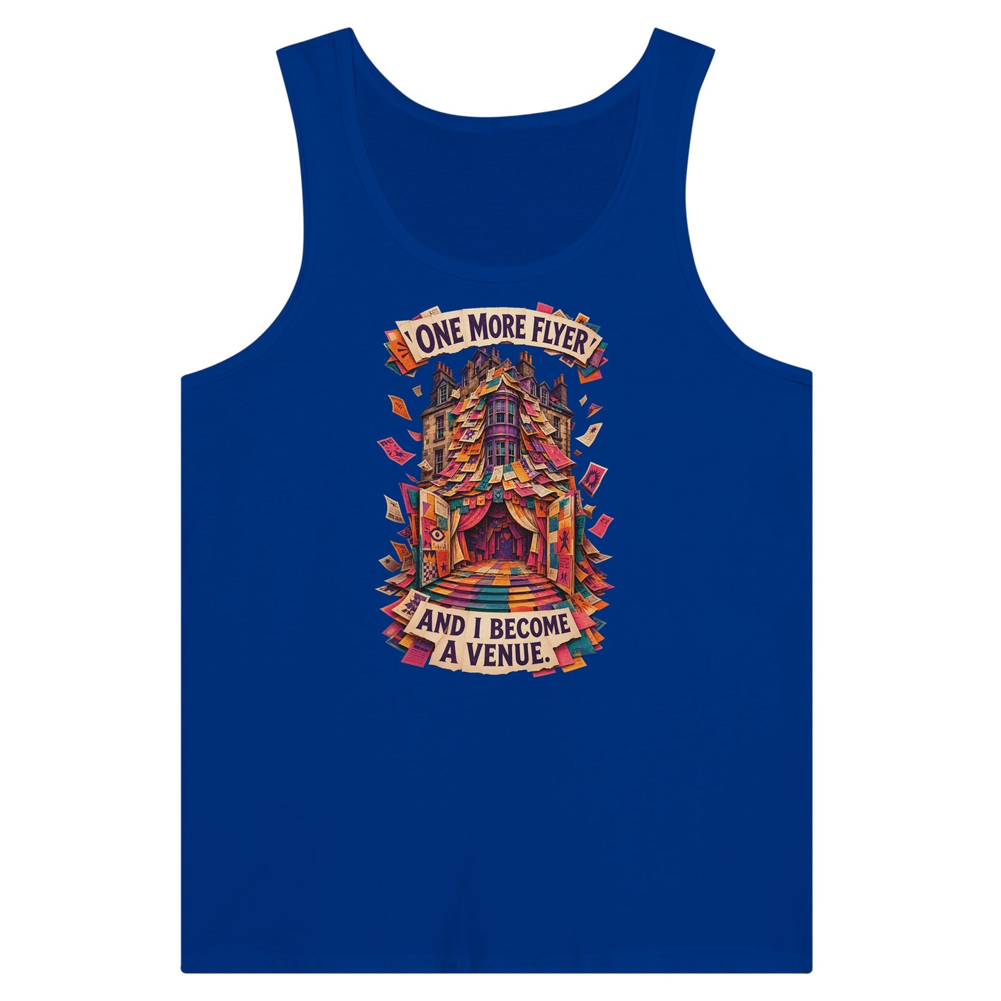 One More Flyer and I Become a Venue Premium Unisex Tank Top — product view 3