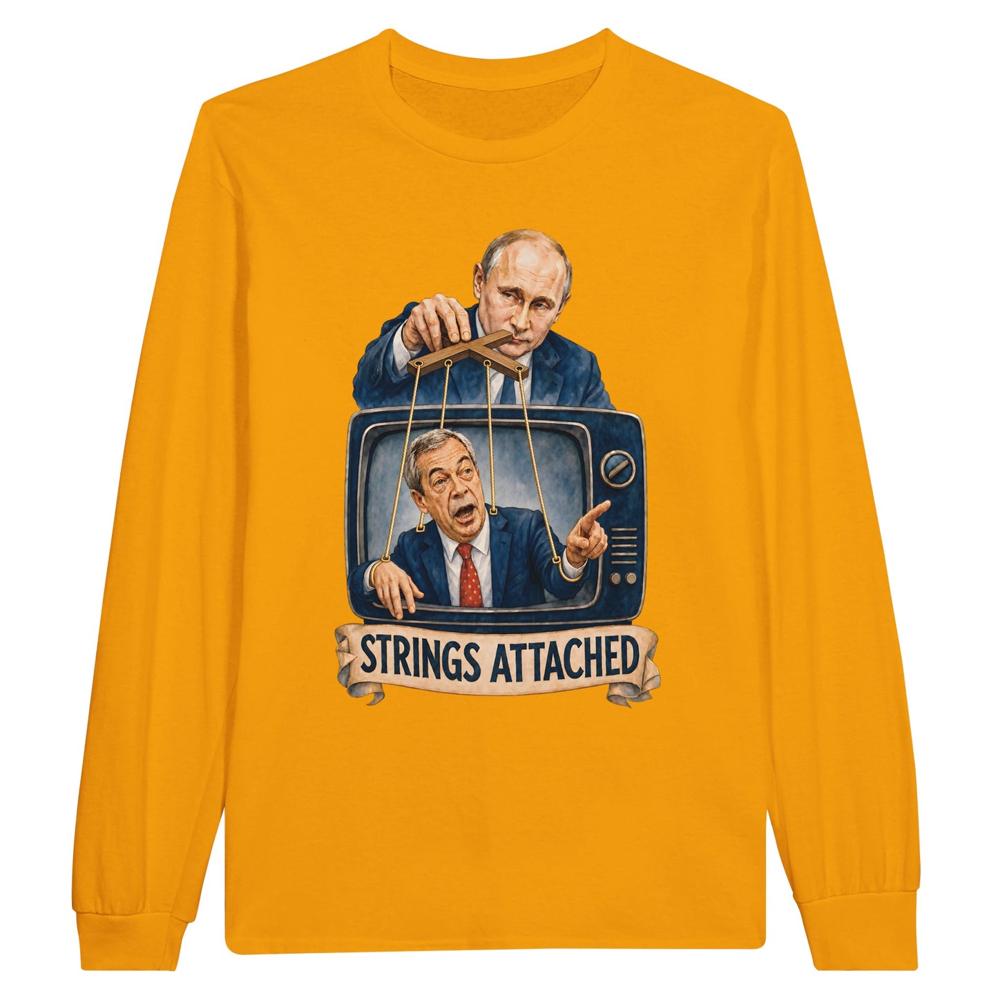 Strings Attached Political Satire Long-Sleeve T-shirt — product view 4