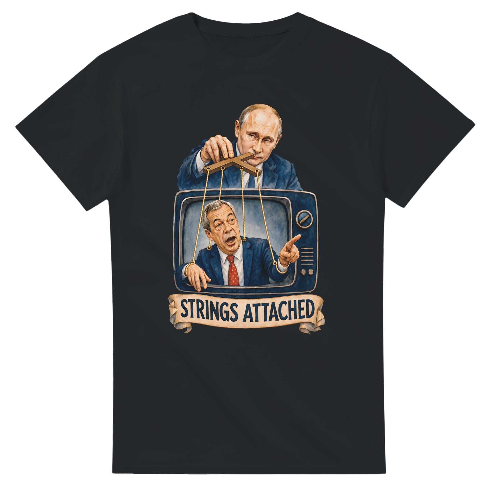 Strings Attached Political Satire T-shirt — product view 10