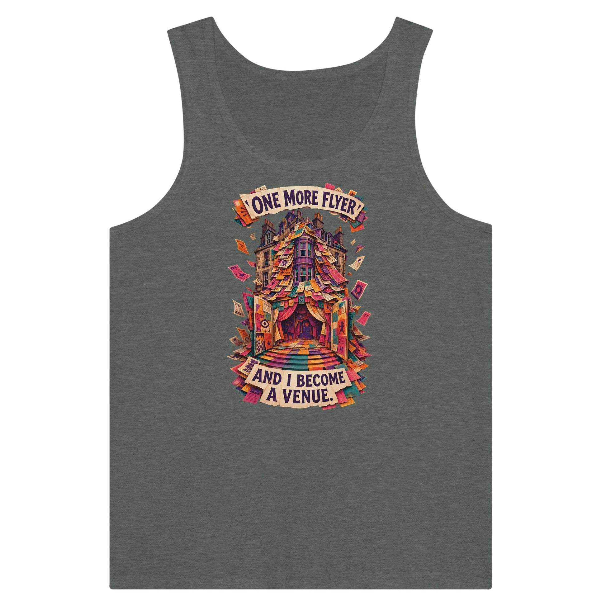 One More Flyer and I Become a Venue Premium Unisex Tank Top — product view 4