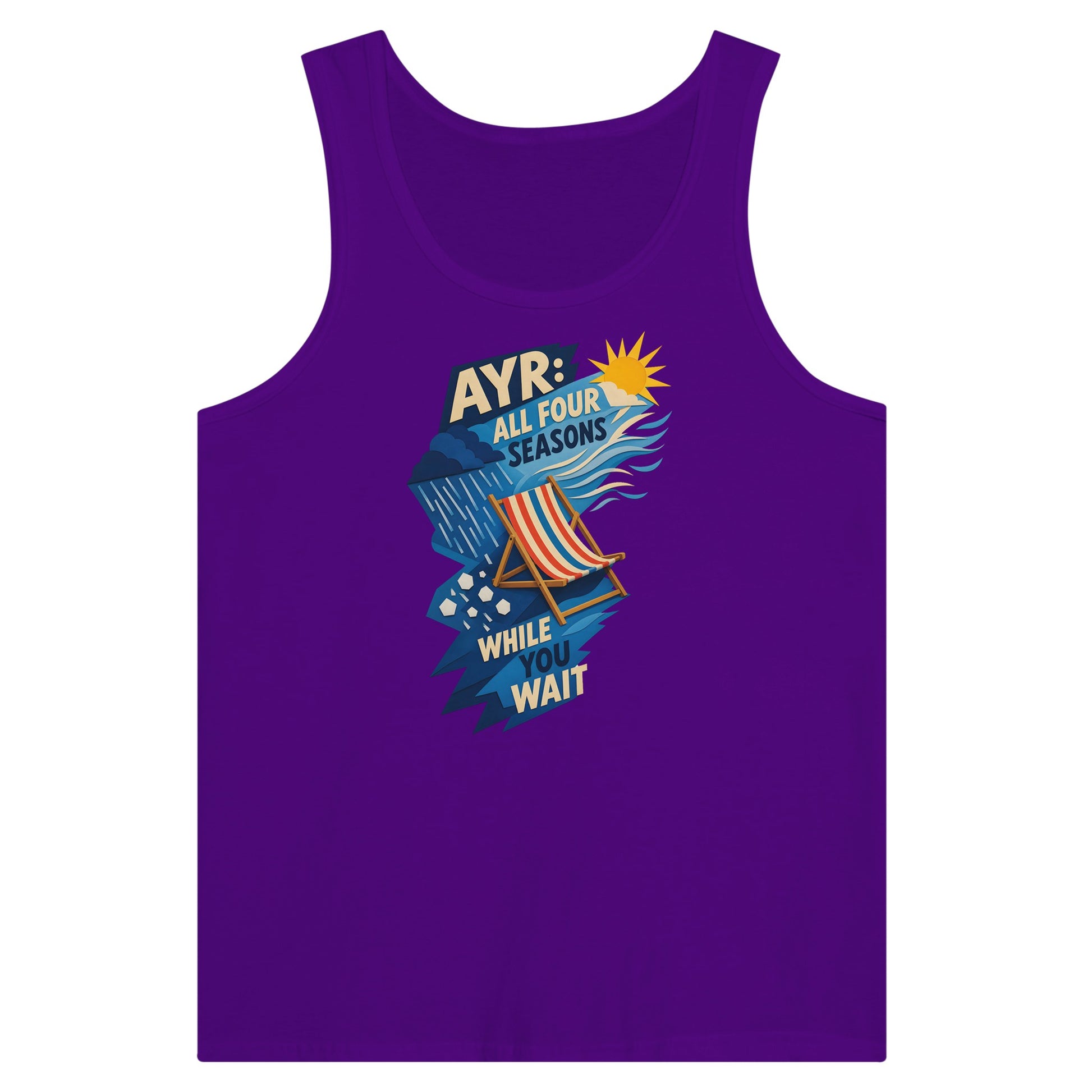 Ayr: All Four Seasons While You Wait Premium Unisex Tank Top — product view 6