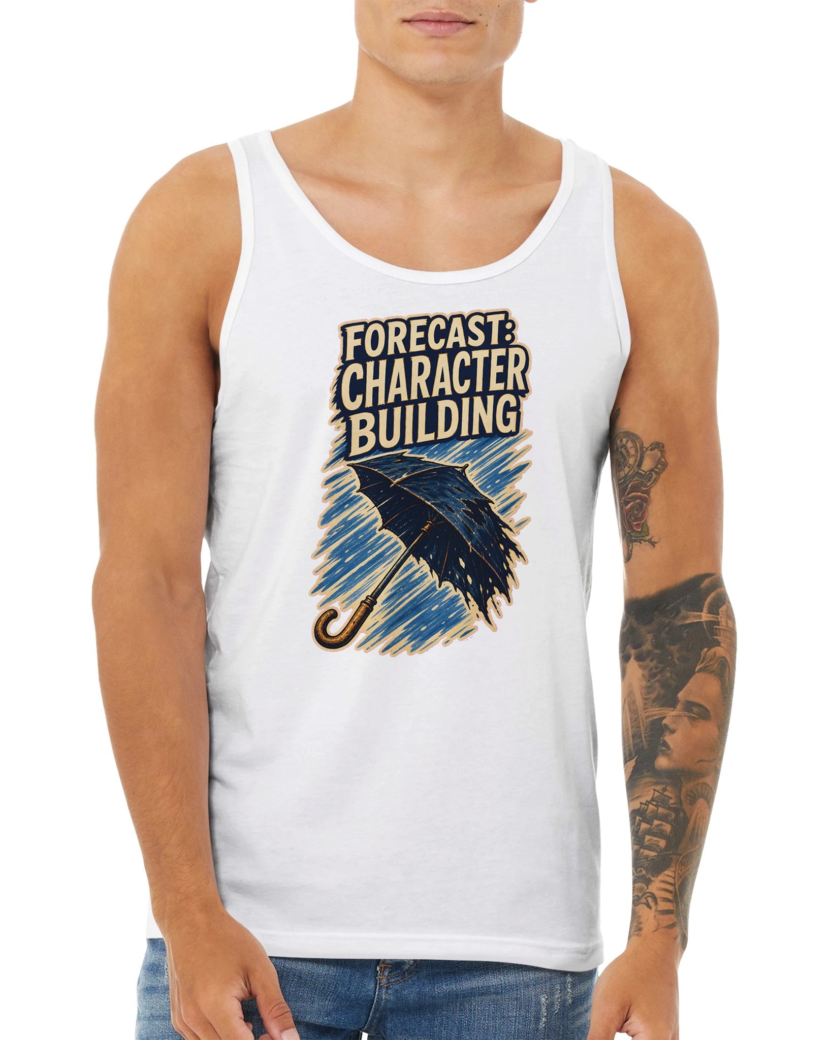 Forecast: Character Building – British Weather Premium Unisex Tank Top — product view 5