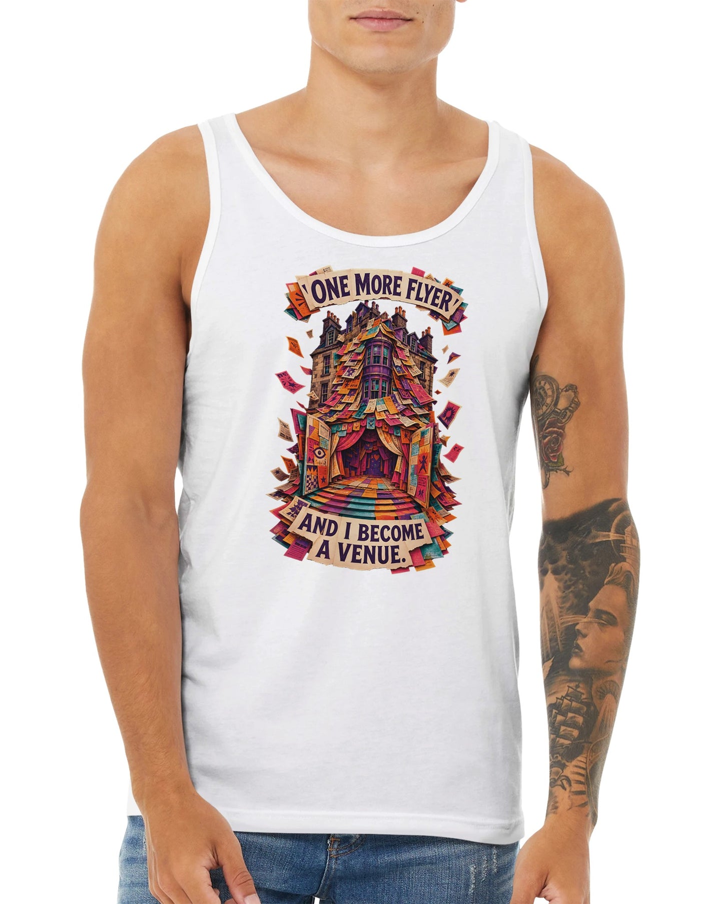 One More Flyer and I Become a Venue Premium Unisex Tank Top — product view 15