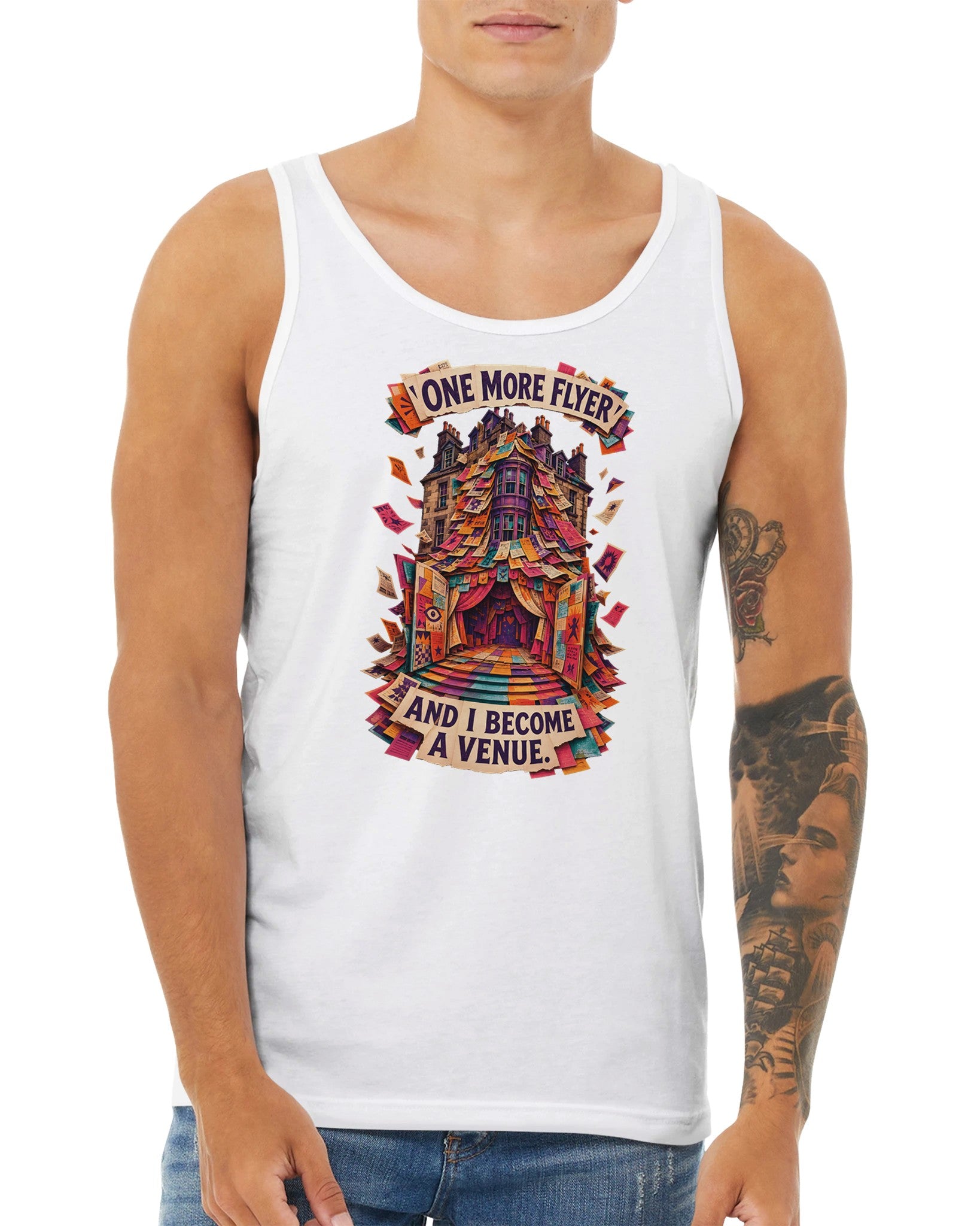 One More Flyer and I Become a Venue Premium Unisex Tank Top — product view 15