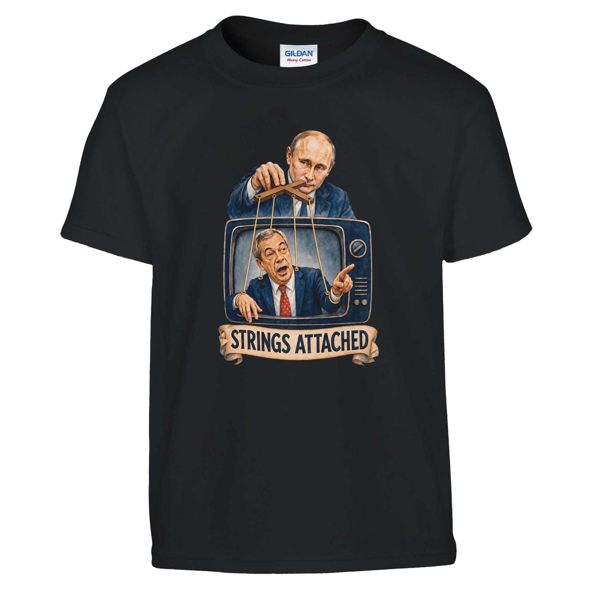 Strings Attached Political Satire Kids' T-shirt — product view 2