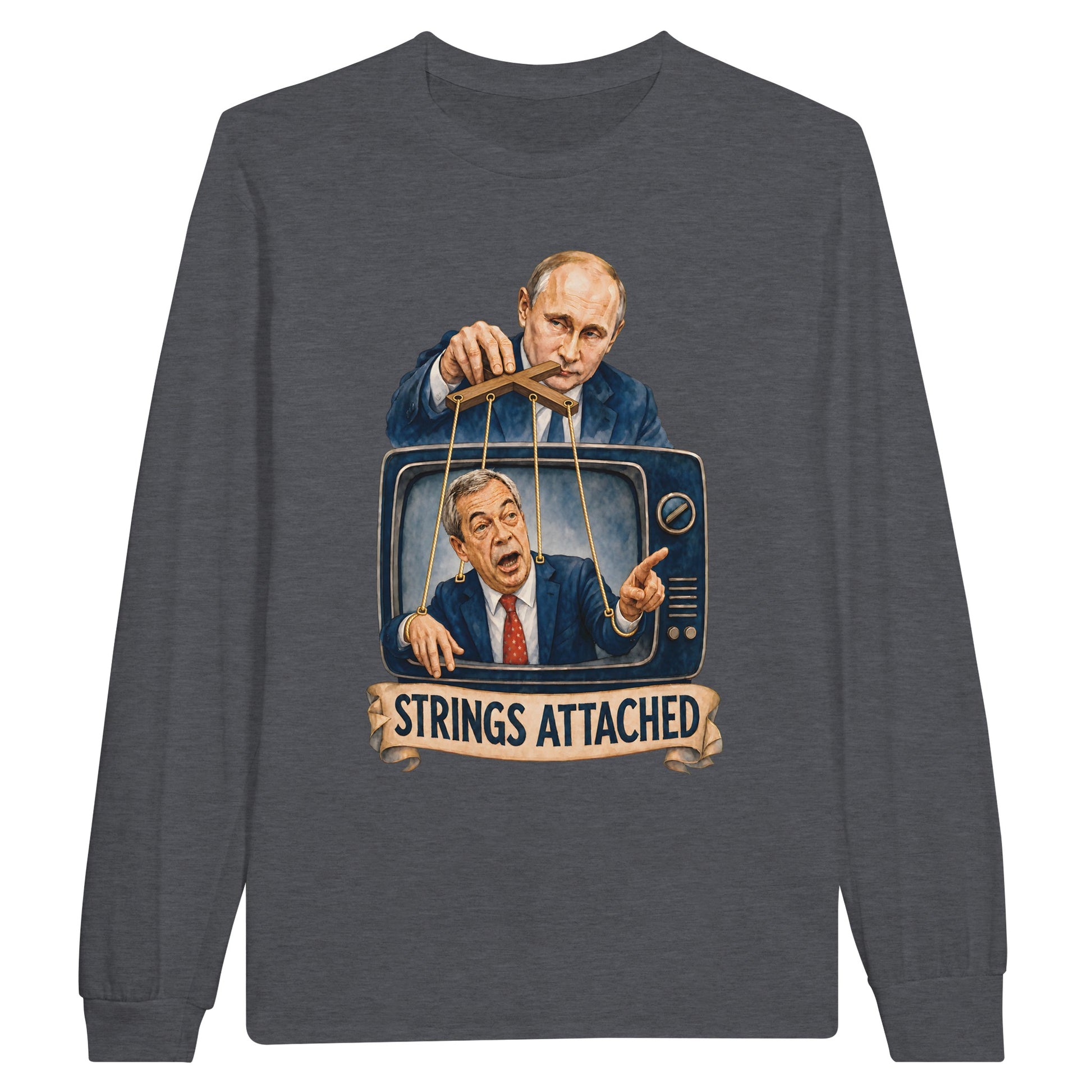 Strings Attached Political Satire Long-Sleeve T-shirt — product view 2