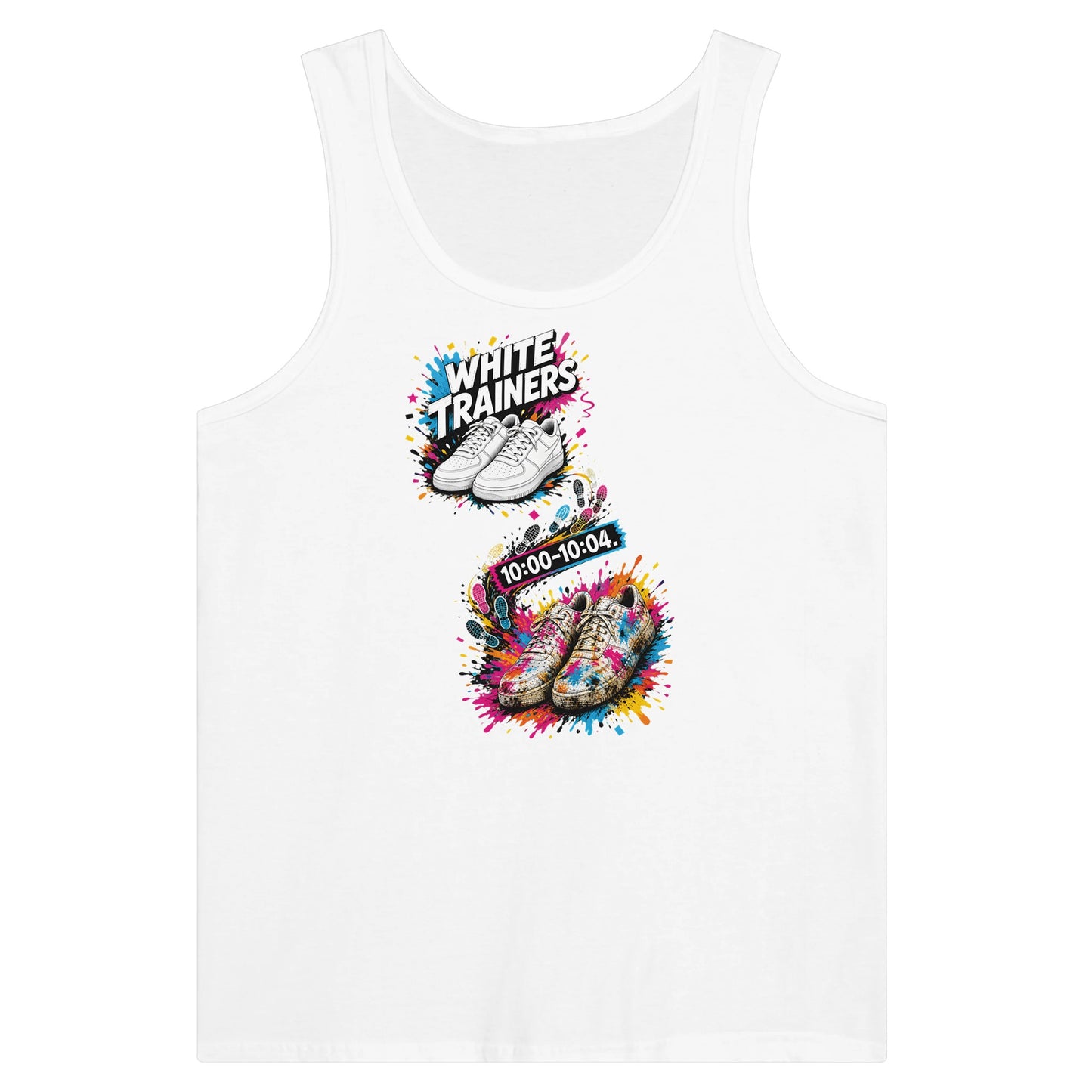 White Trainers: 10:00–10:04 Premium Unisex Tank Top — product view 1