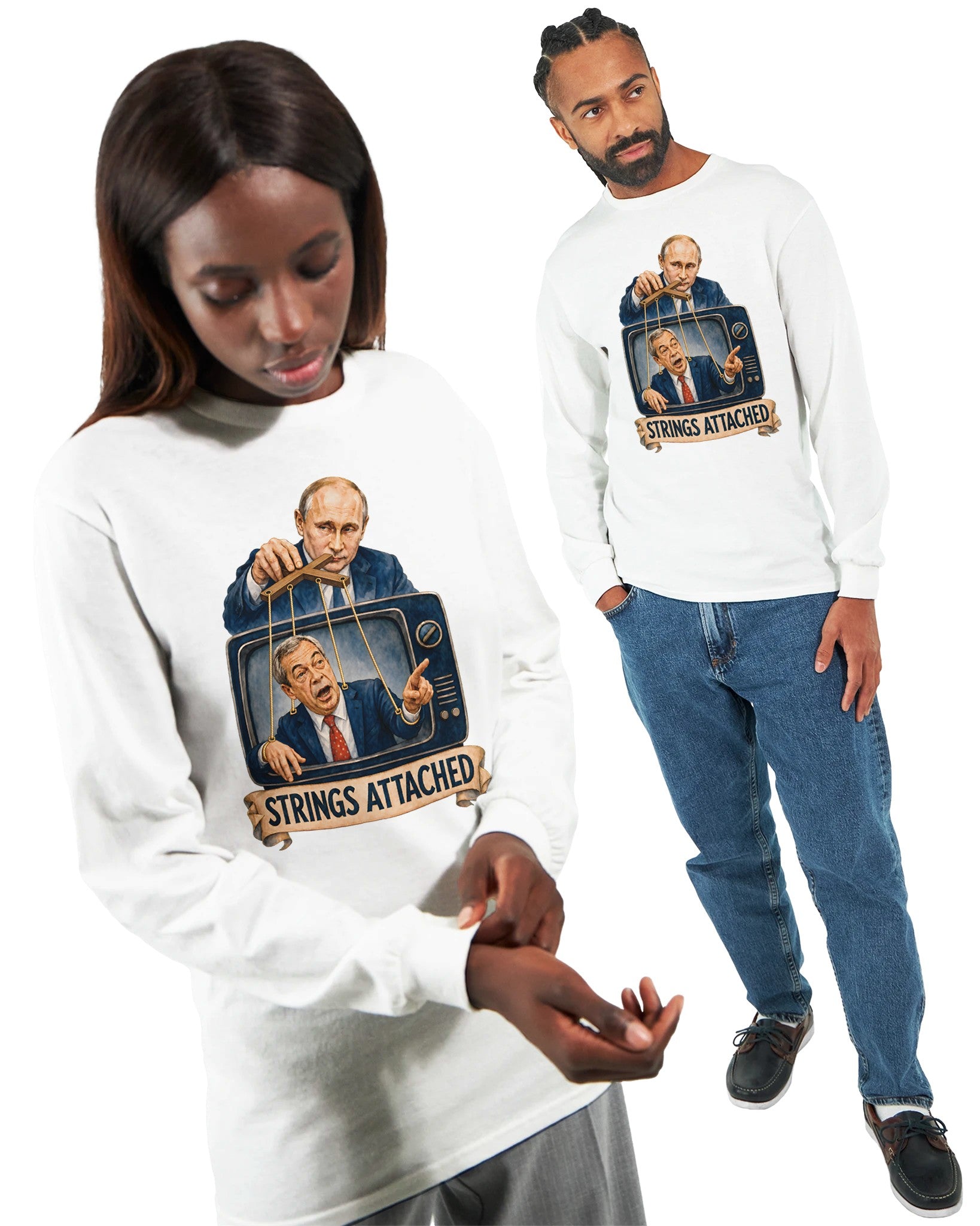 Strings Attached Political Satire Long-Sleeve T-shirt — product view 15