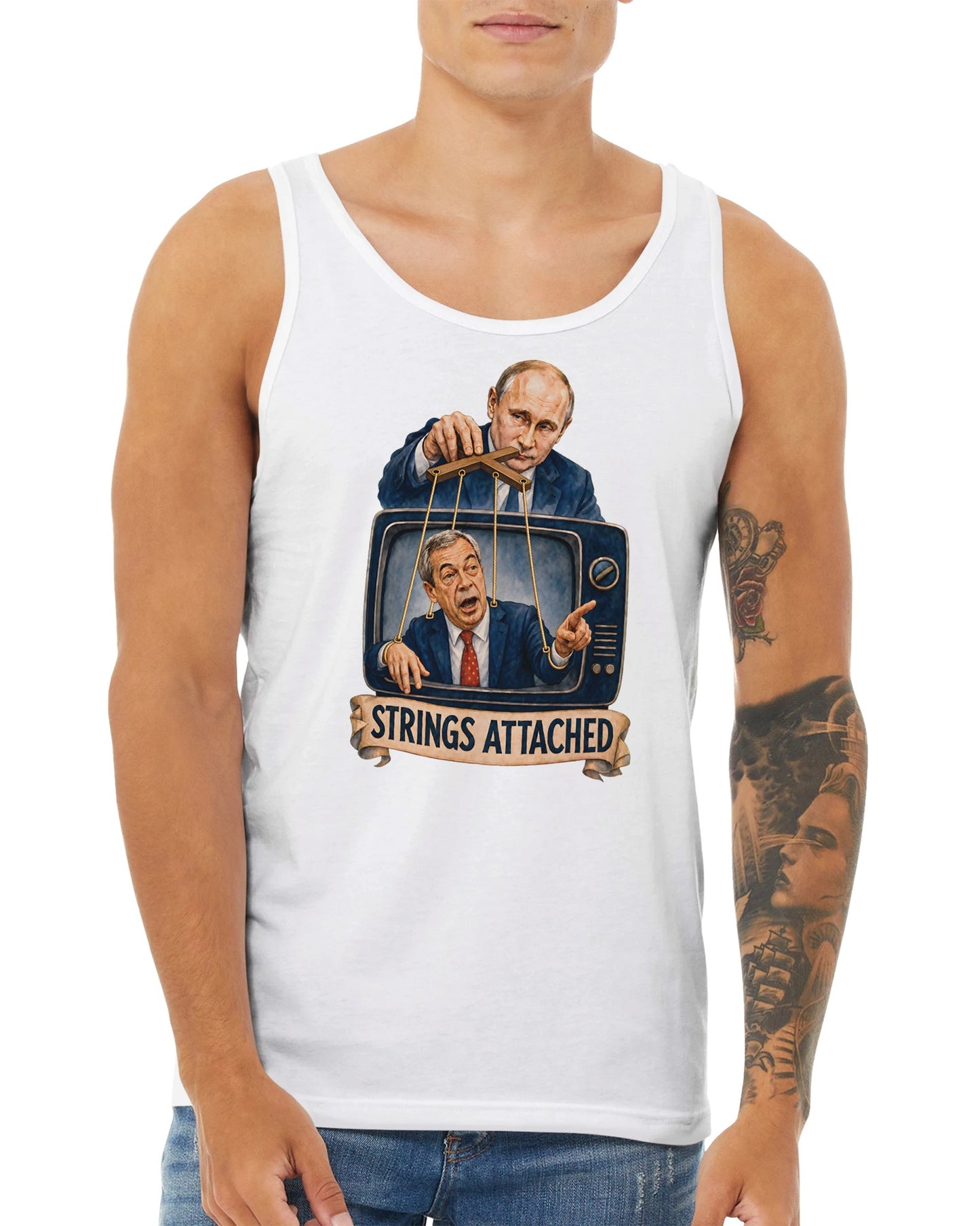 Strings Attached Political Satire Premium Unisex Tank Top — product view 15