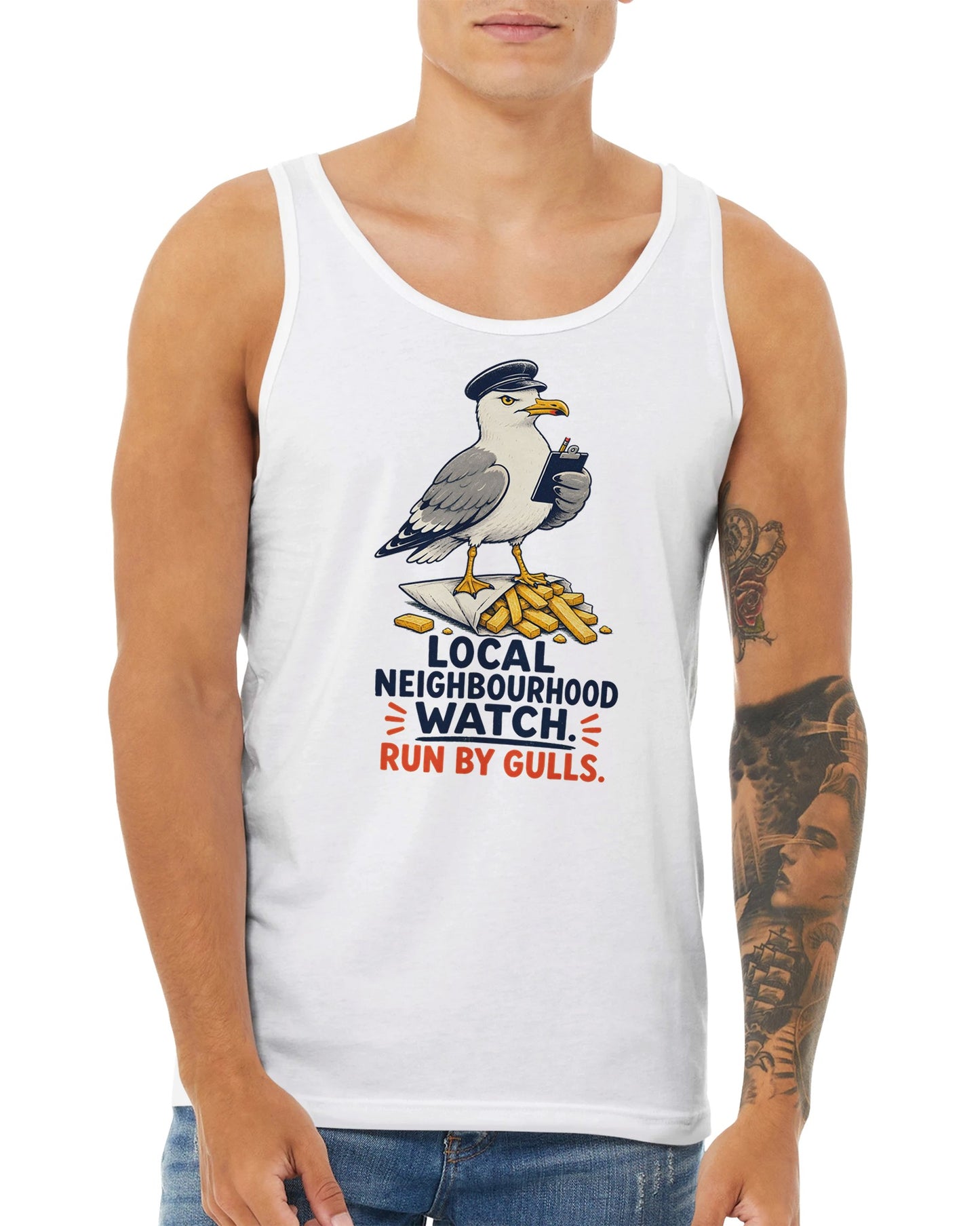 Local Neighbourhood Watch: Run by Gulls Premium Unisex Tank Top — product view 15