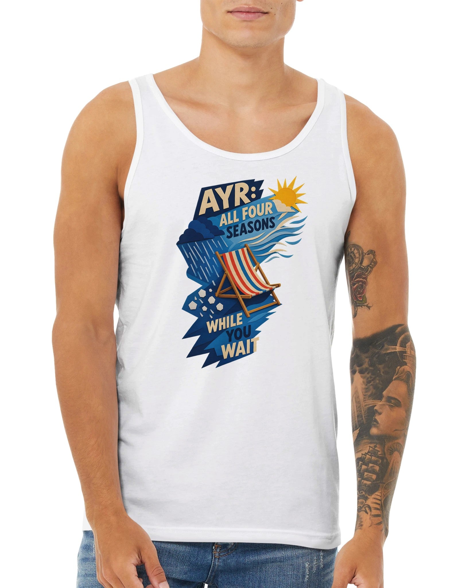 Ayr: All Four Seasons While You Wait Premium Unisex Tank Top — product view 15