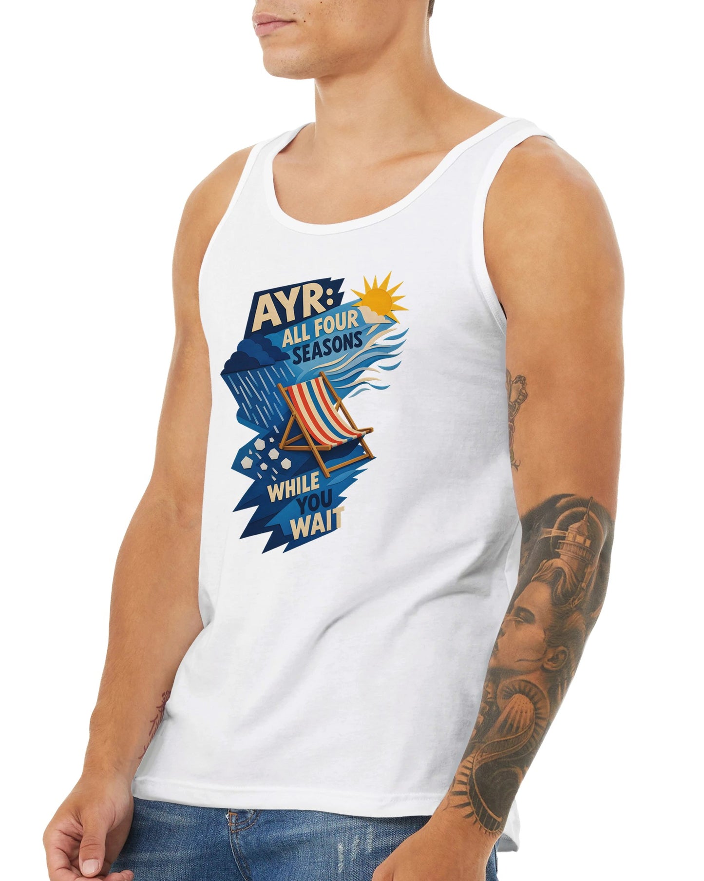 Ayr: All Four Seasons While You Wait Premium Unisex Tank Top — product view 16