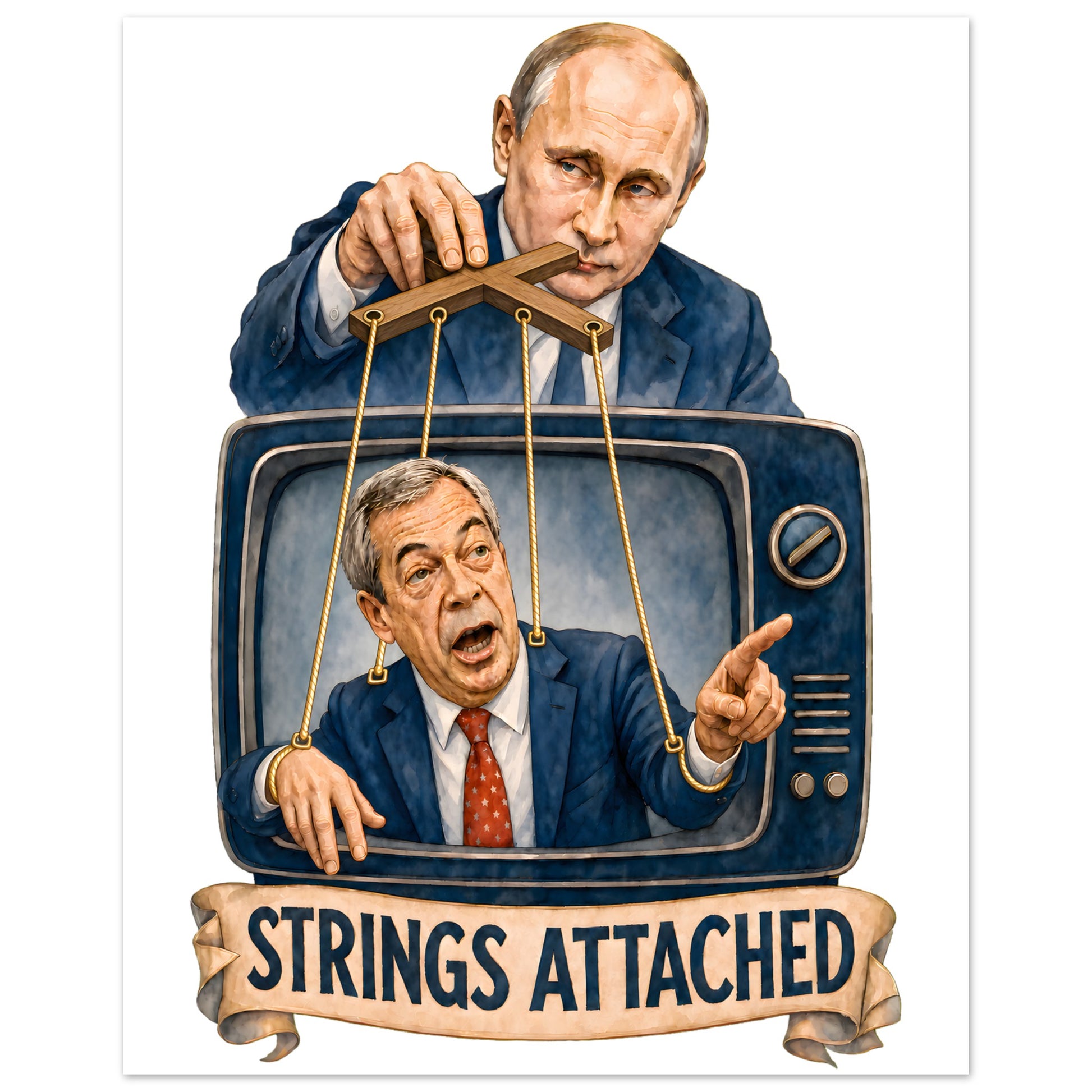 Strings Attached Political Satire Aluminium Print — product view 2