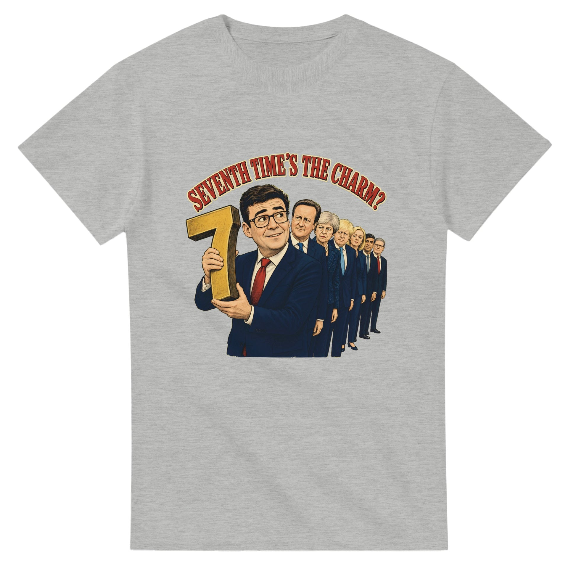Seventh Time’s the Charm? UK Prime Minister Caricature T-shirt — product view 2