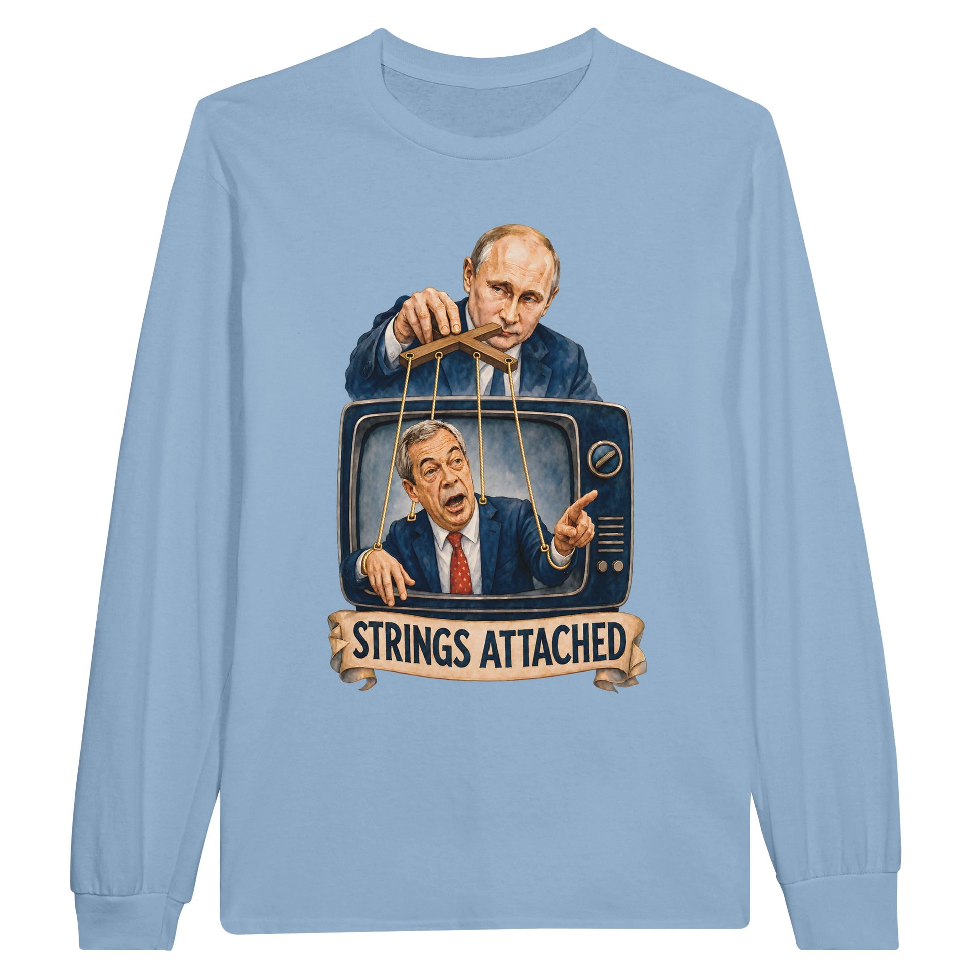 Strings Attached Political Satire Long-Sleeve T-shirt — product view 8