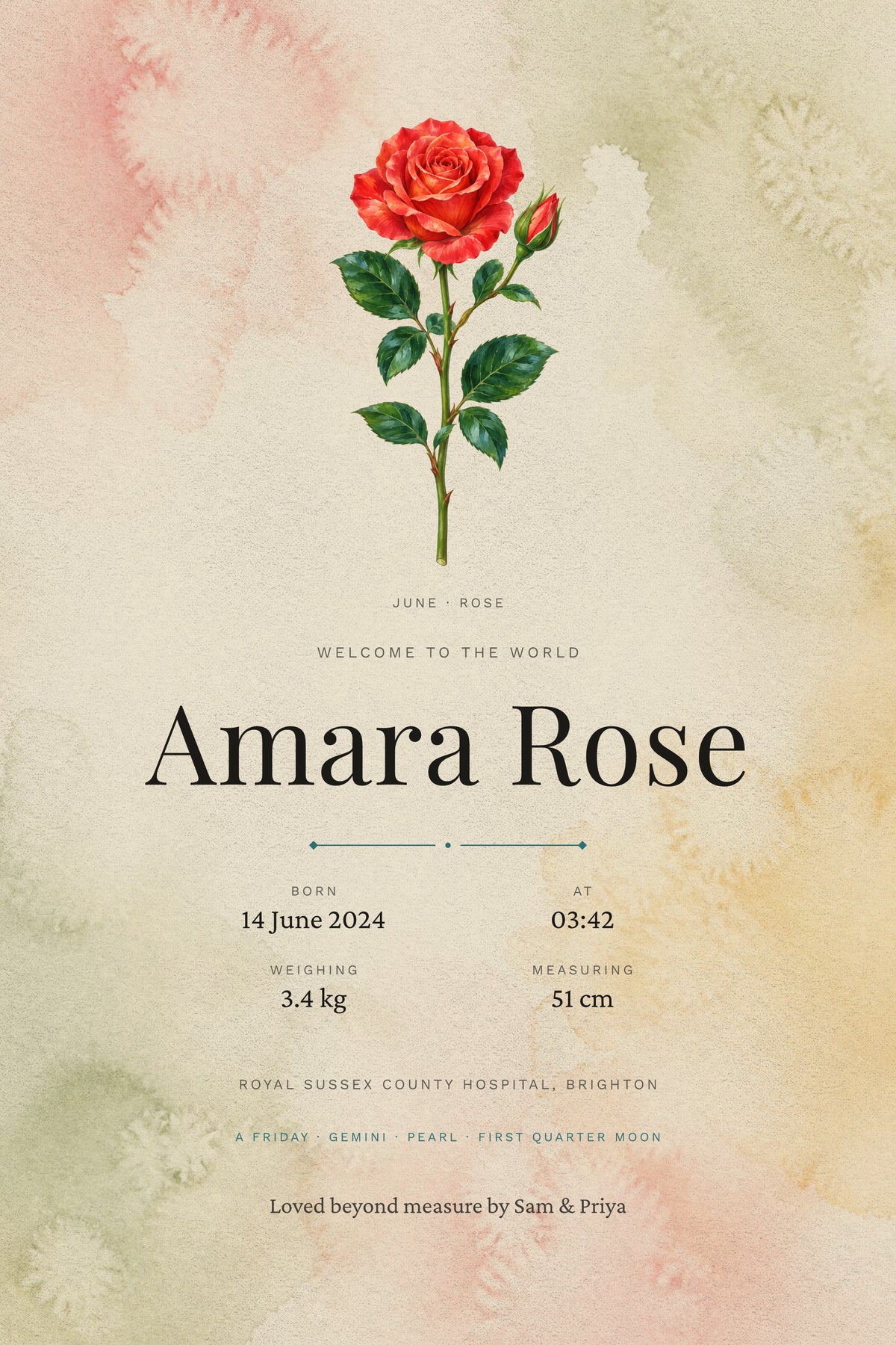 A baby birth details print: a painted June rose above the name Amara Rose, then the facts of the day — born 14 June 2024 at 03:42, weighing 3.4 kg, measuring 51 cm — the hospital, and a line from her parents.